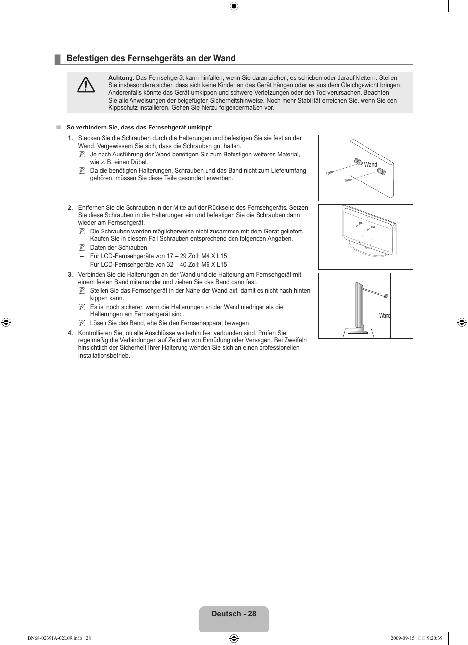 Befestigen des fernsehgeräts an der wand | Samsung LE22B450C8W User Manual | Page 98 / 314