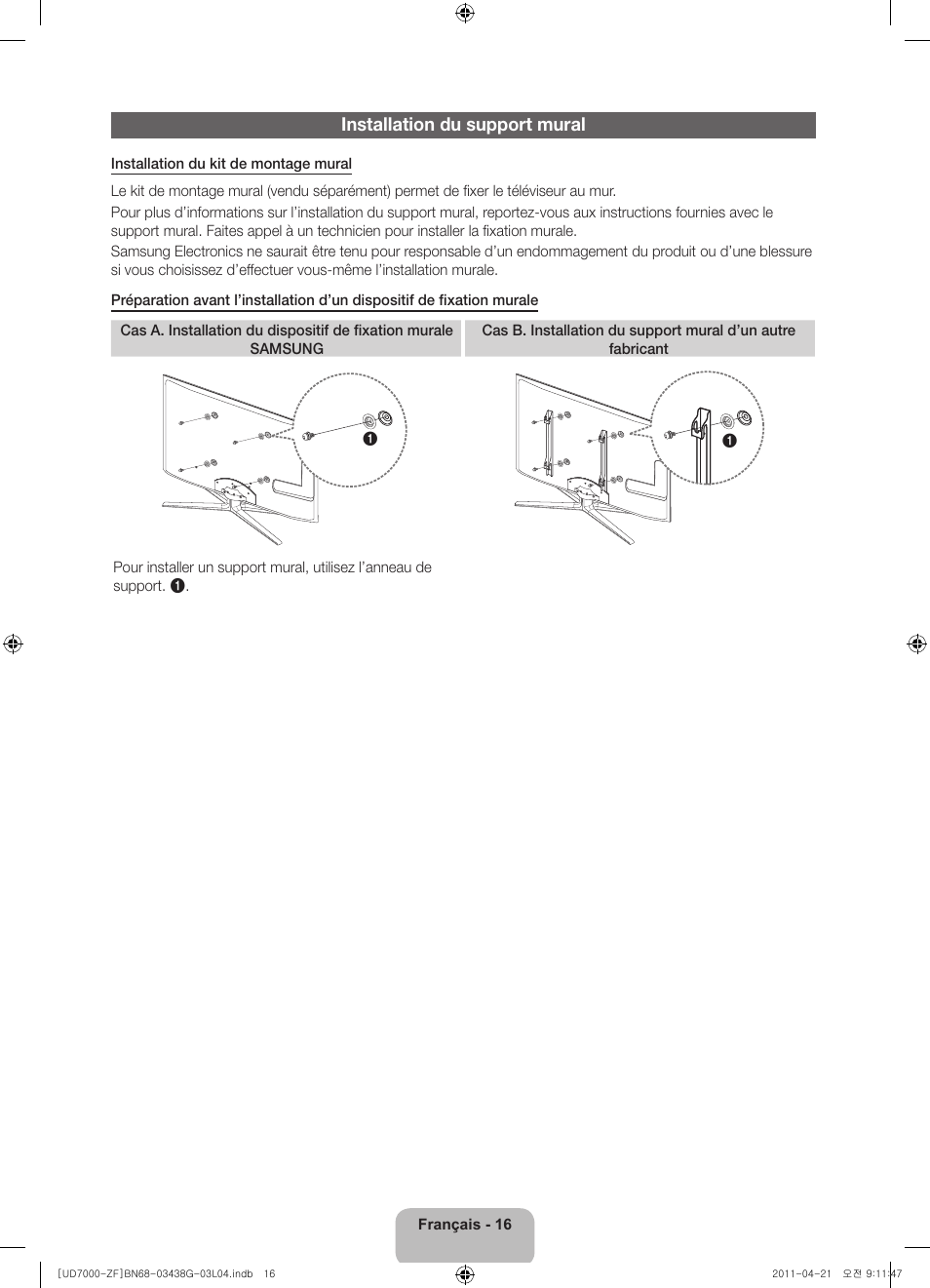 Installation du support mural | Samsung UE40D7000LS User Manual | Page 36 / 82