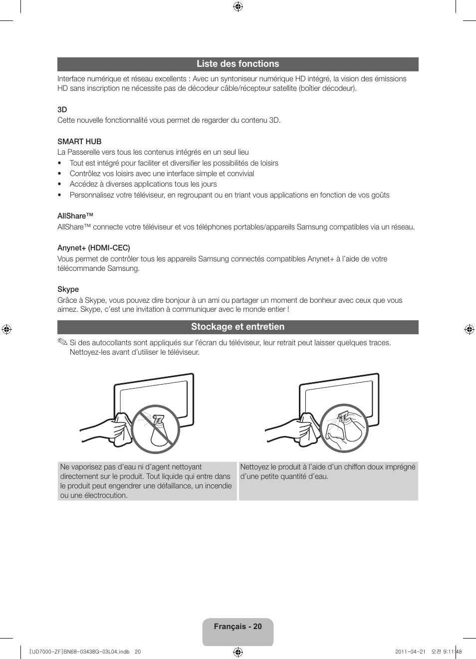 Liste des fonctions, Stockage et entretien | Samsung UE40D7000LS User Manual | Page 40 / 82