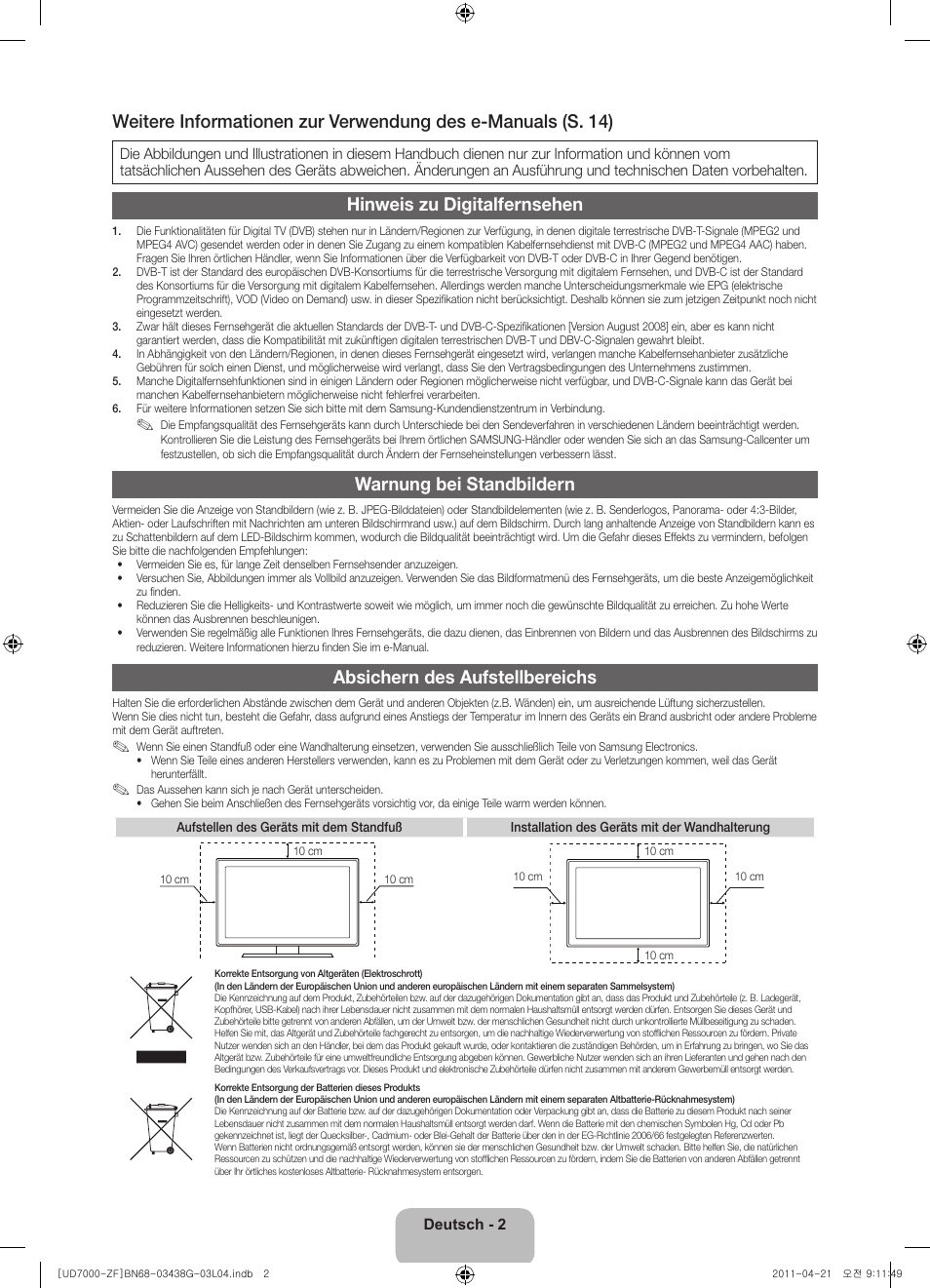 Hinweis zu digitalfernsehen, Warnung bei standbildern, Absichern des aufstellbereichs | Samsung UE40D7000LS User Manual | Page 42 / 82