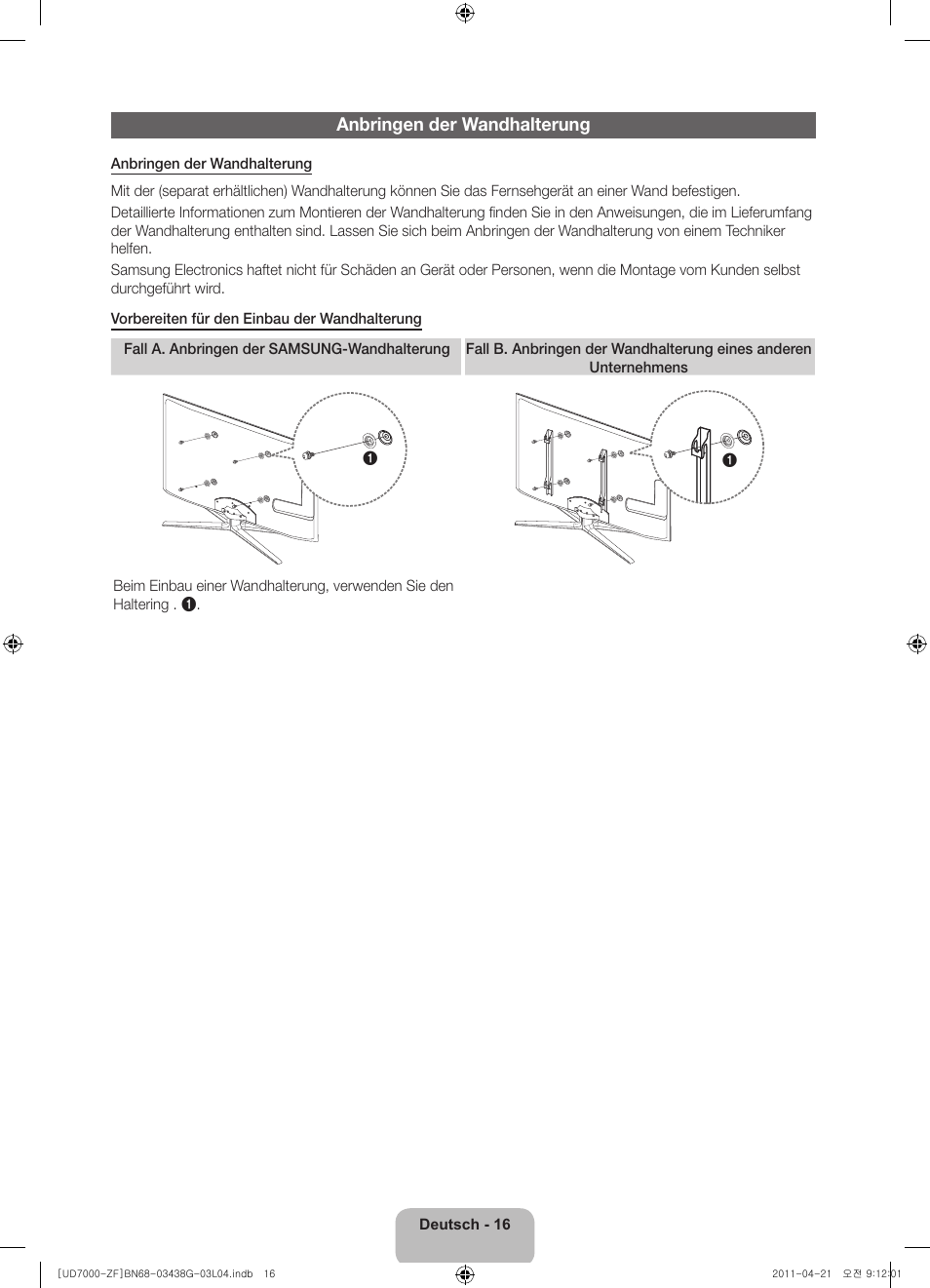 Anbringen der wandhalterung | Samsung UE40D7000LS User Manual | Page 56 / 82
