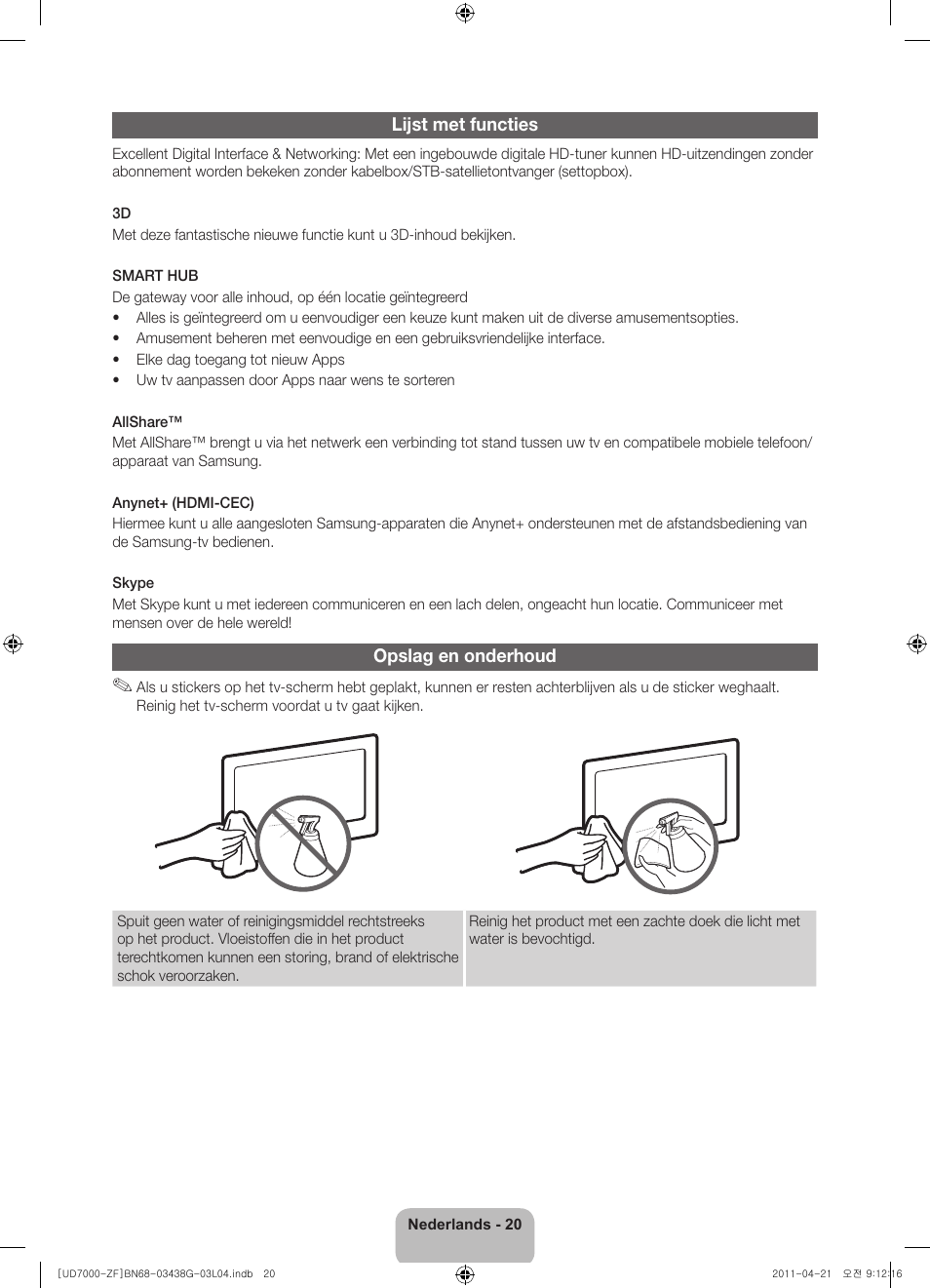Lijst met functies, Opslag en onderhoud | Samsung UE40D7000LS User Manual | Page 80 / 82