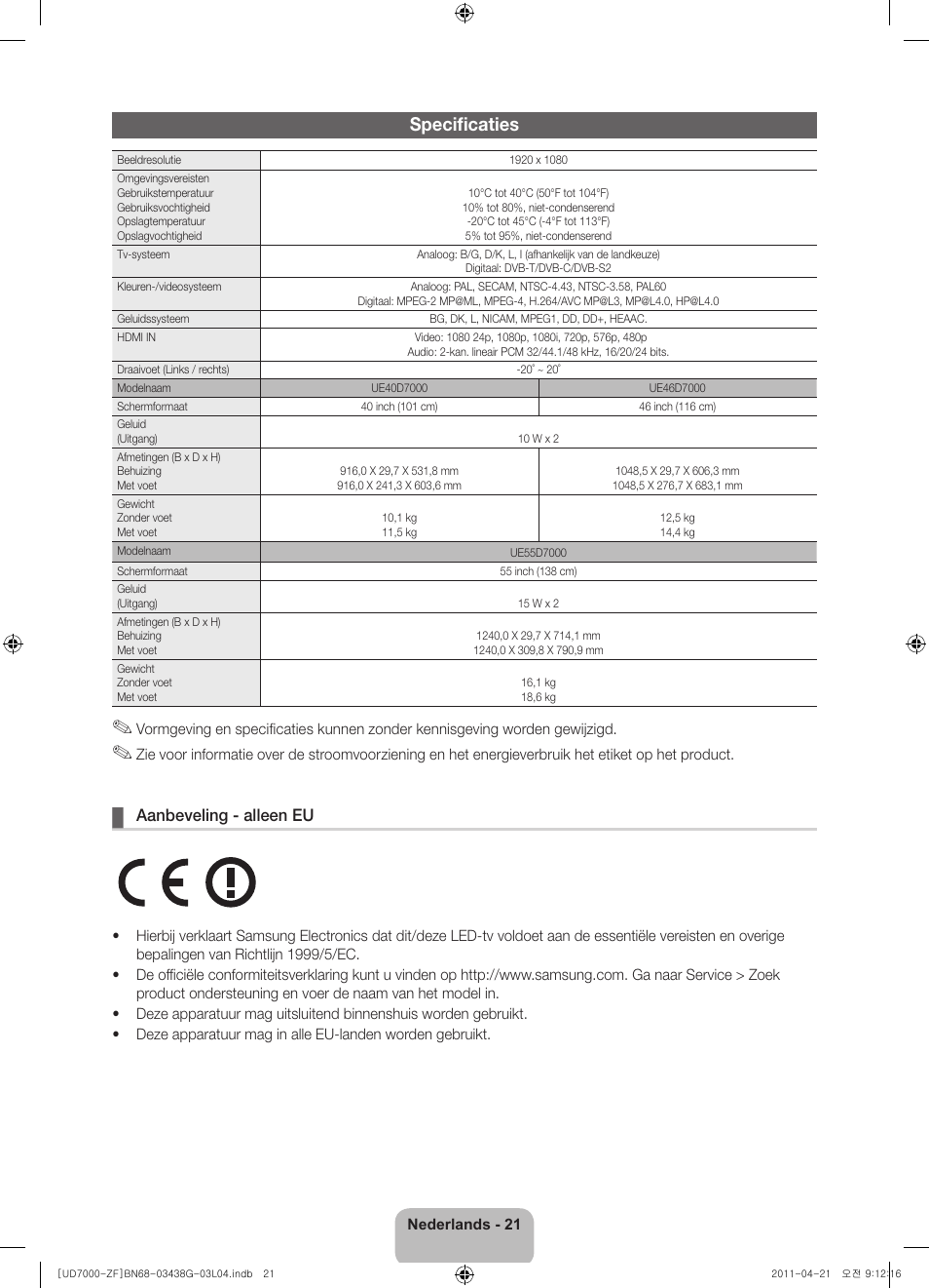 Specificaties, Aanbeveling - alleen eu | Samsung UE40D7000LS User Manual | Page 81 / 82