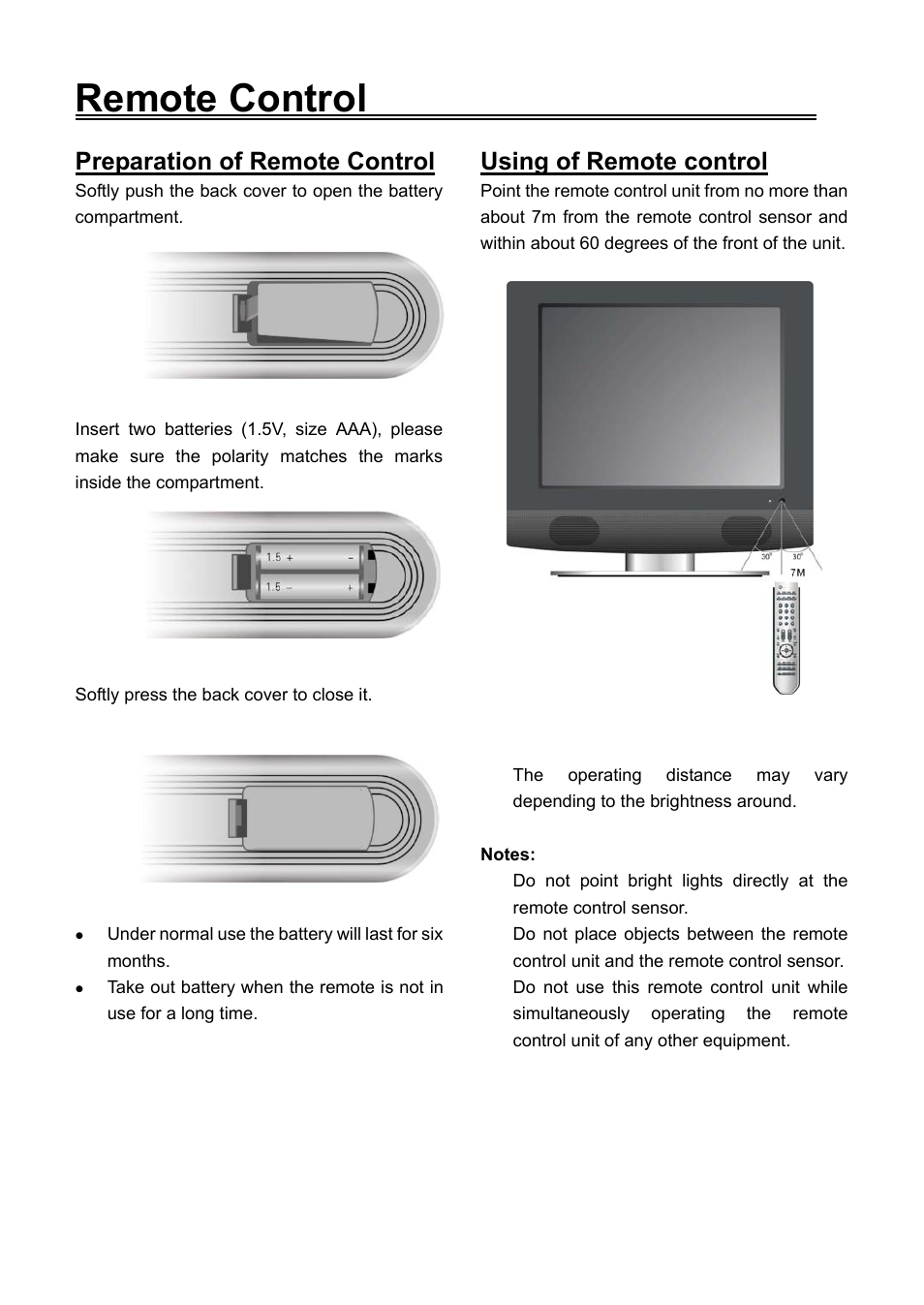 Remote control, Preparation of remote control, Using of remote control | Audiovox FPE1506DV User Manual | Page 12 / 45