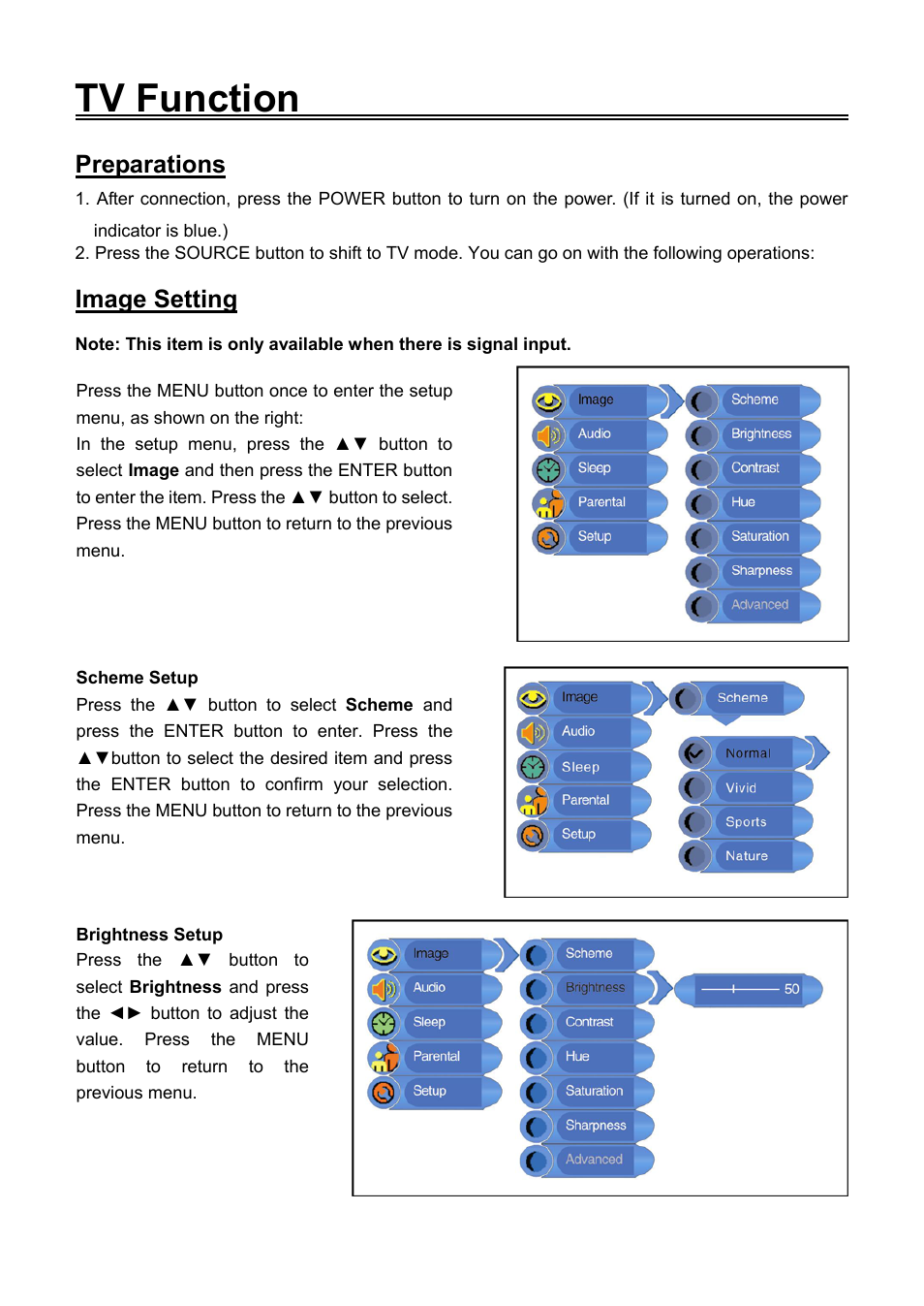 Tv function, Preparations, Image setting | Audiovox FPE1506DV User Manual | Page 20 / 45