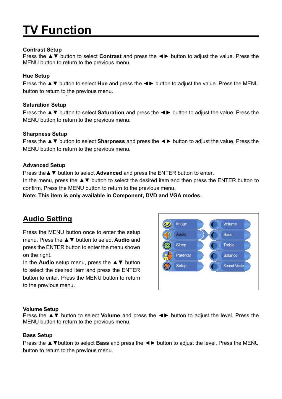 Tv function, Audio setting | Audiovox FPE1506DV User Manual | Page 21 / 45