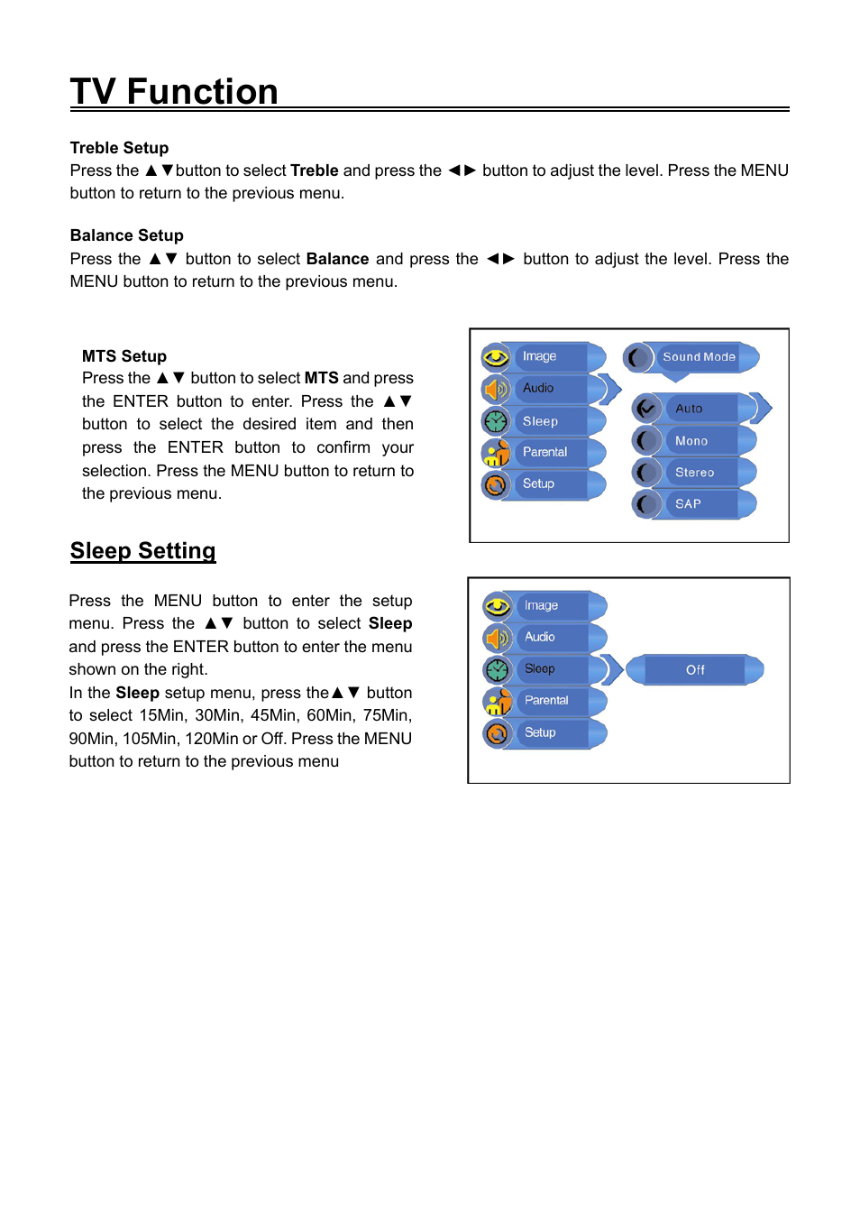 Tv function, Sleep setting | Audiovox FPE1506DV User Manual | Page 22 / 45