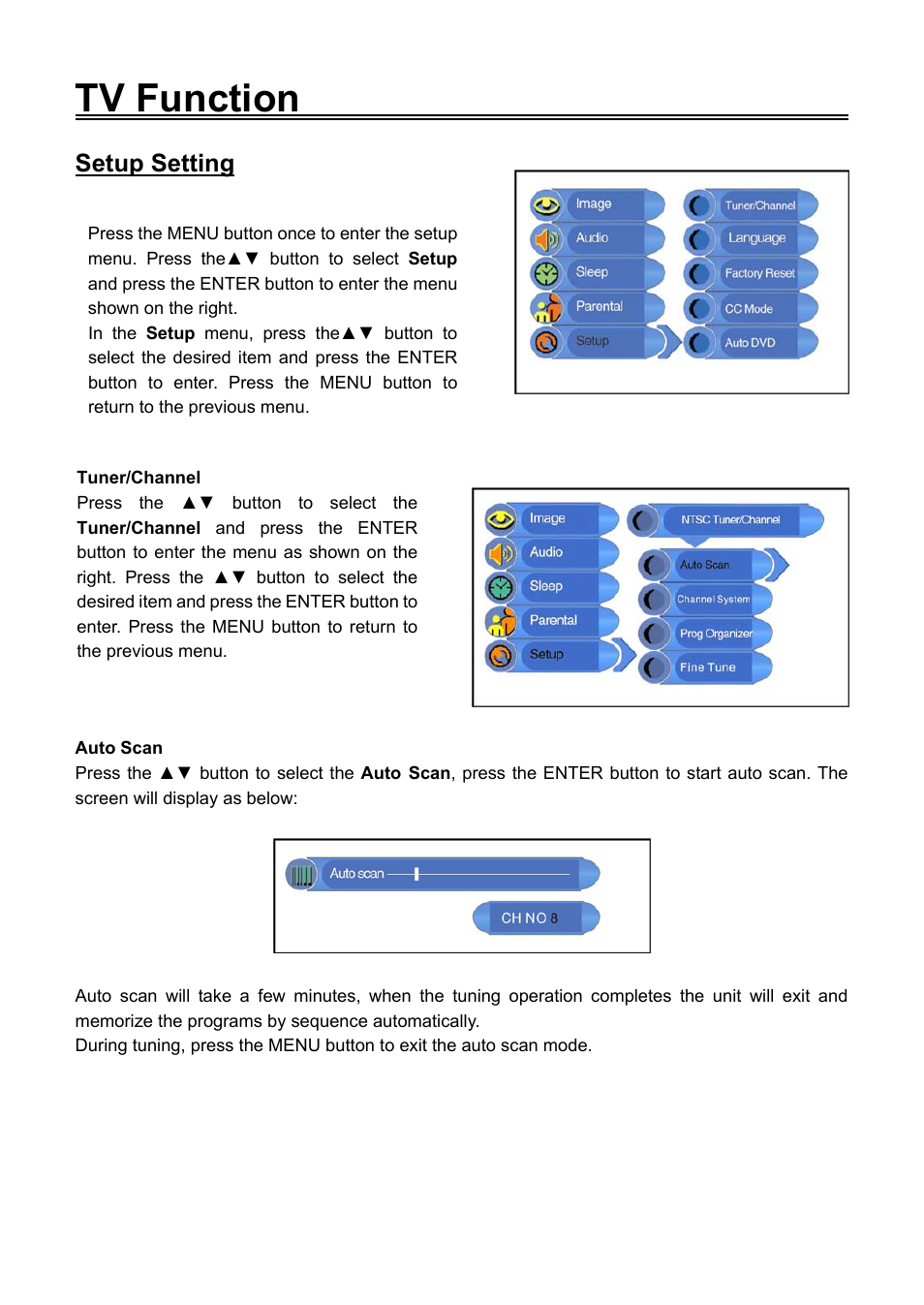 Tv function, Setup setting | Audiovox FPE1506DV User Manual | Page 26 / 45