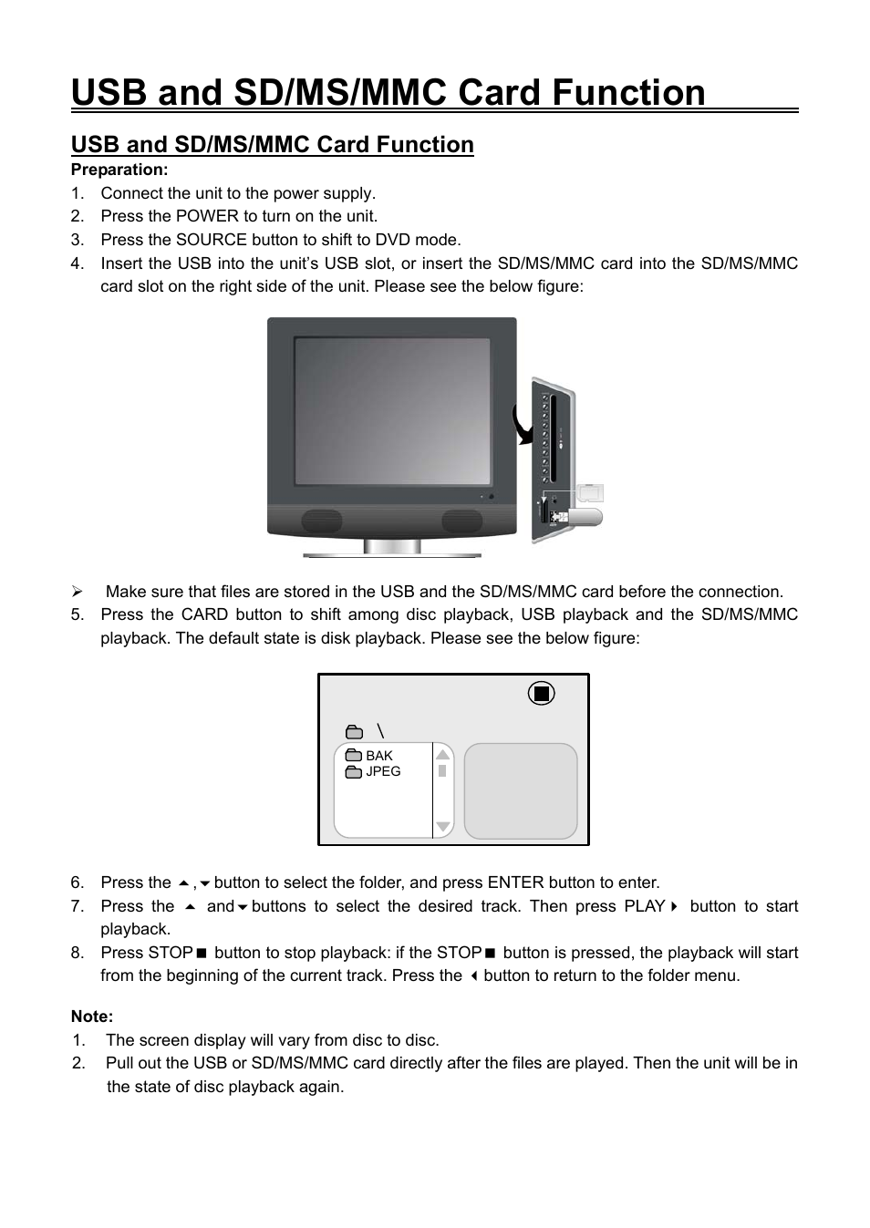Usb and sd/ms/mmc card function | Audiovox FPE1506DV User Manual | Page 34 / 45