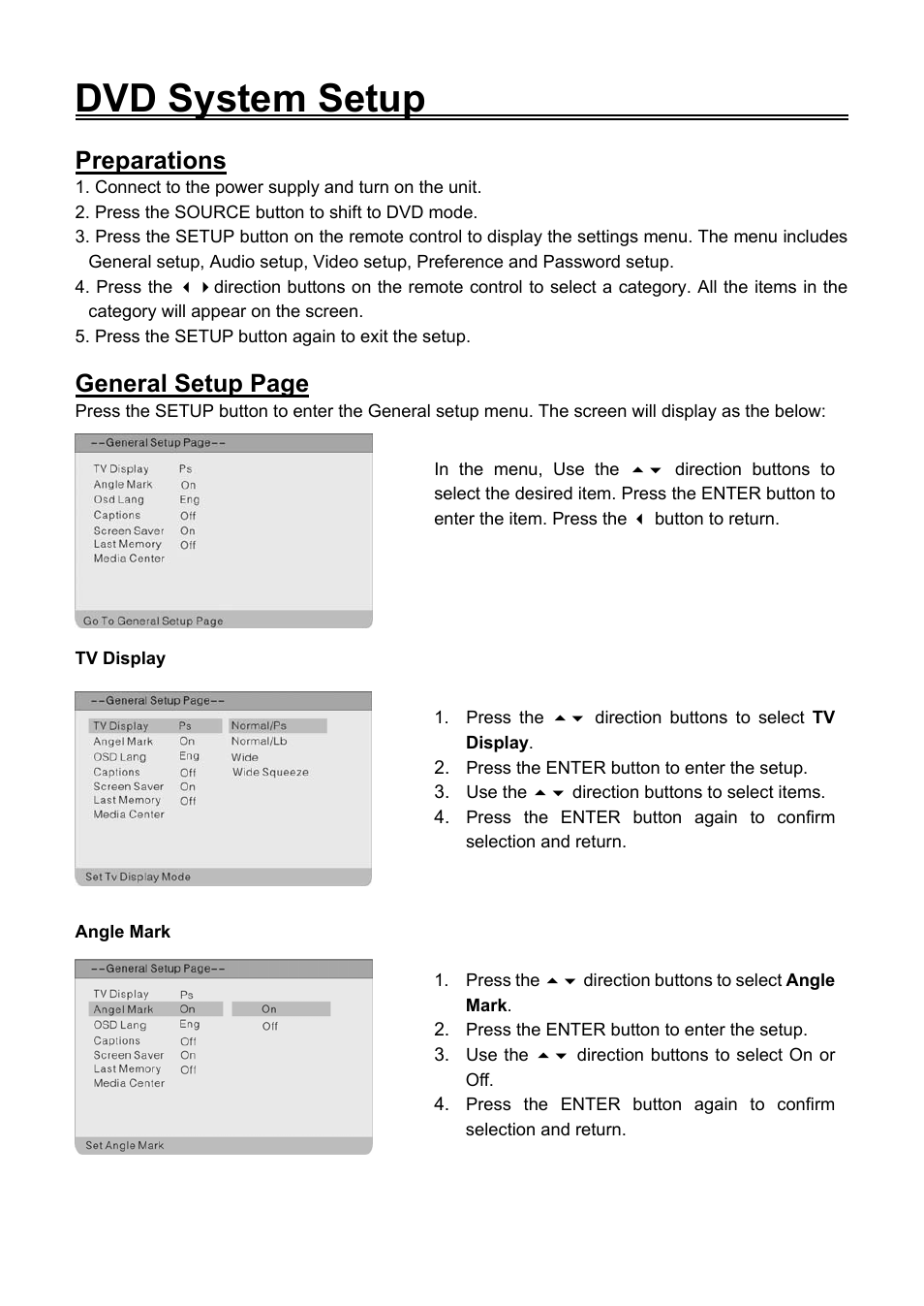 Dvd system setup, Preparations, General setup page | Audiovox FPE1506DV User Manual | Page 35 / 45