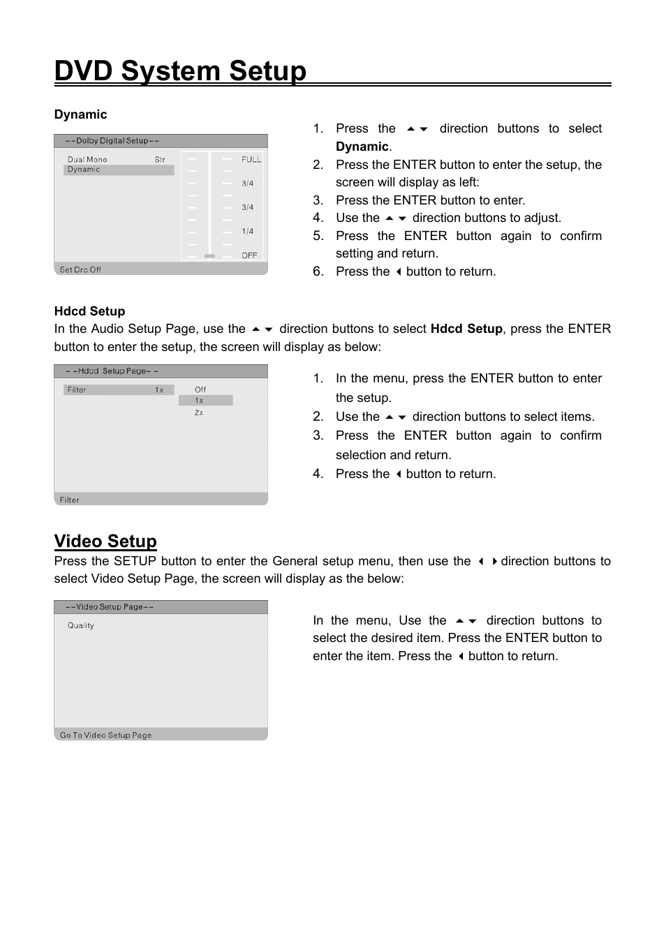 Dvd system setup, Video setup | Audiovox FPE1506DV User Manual | Page 38 / 45