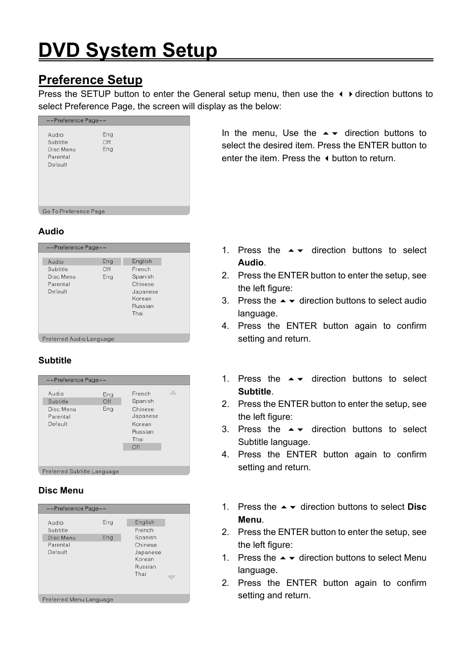 Dvd system setup, Preference setup | Audiovox FPE1506DV User Manual | Page 40 / 45