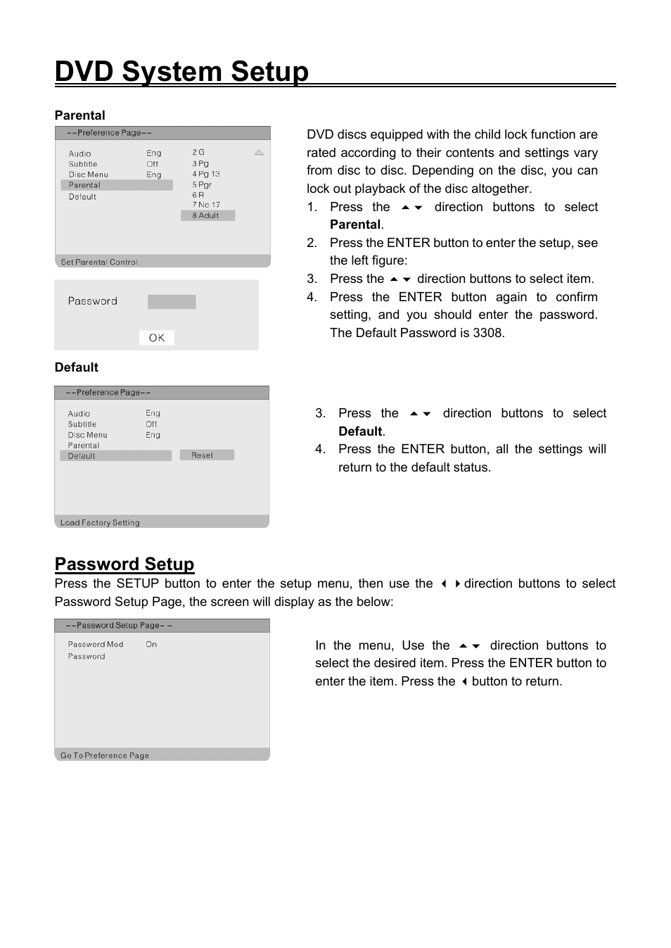 Dvd system setup, Password setup | Audiovox FPE1506DV User Manual | Page 41 / 45