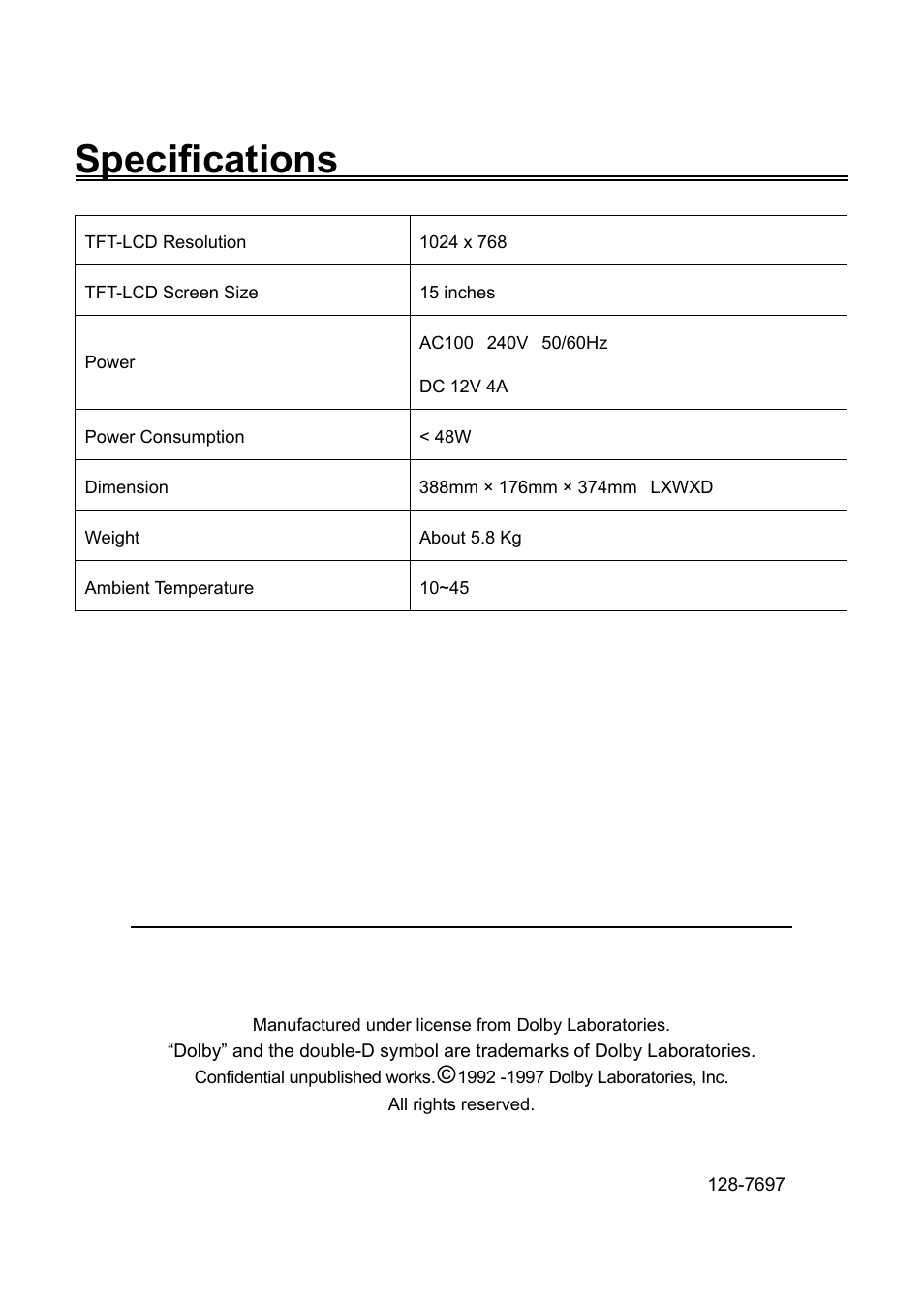 Specifications | Audiovox FPE1506DV User Manual | Page 45 / 45