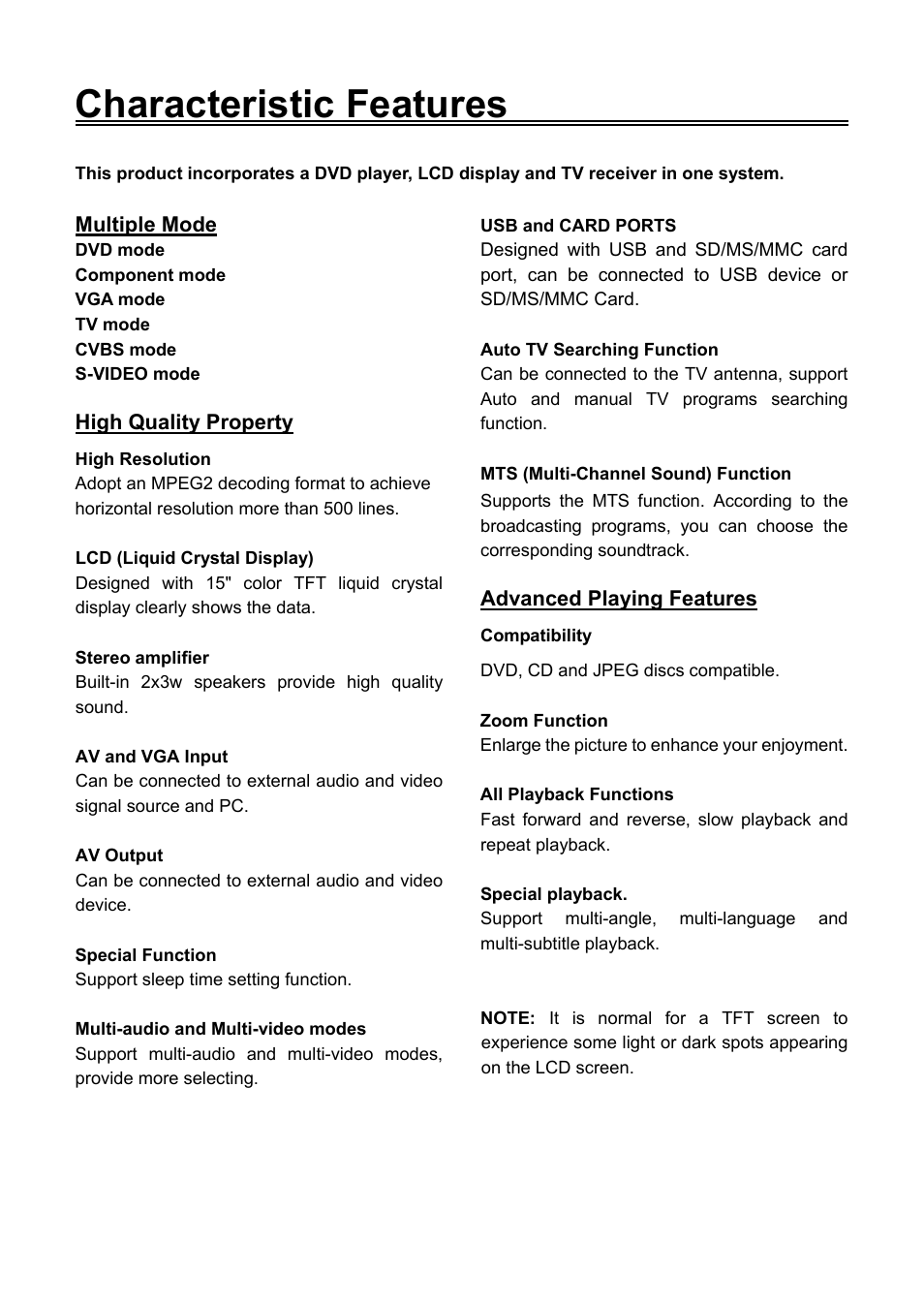 Characteristic features | Audiovox FPE1506DV User Manual | Page 5 / 45