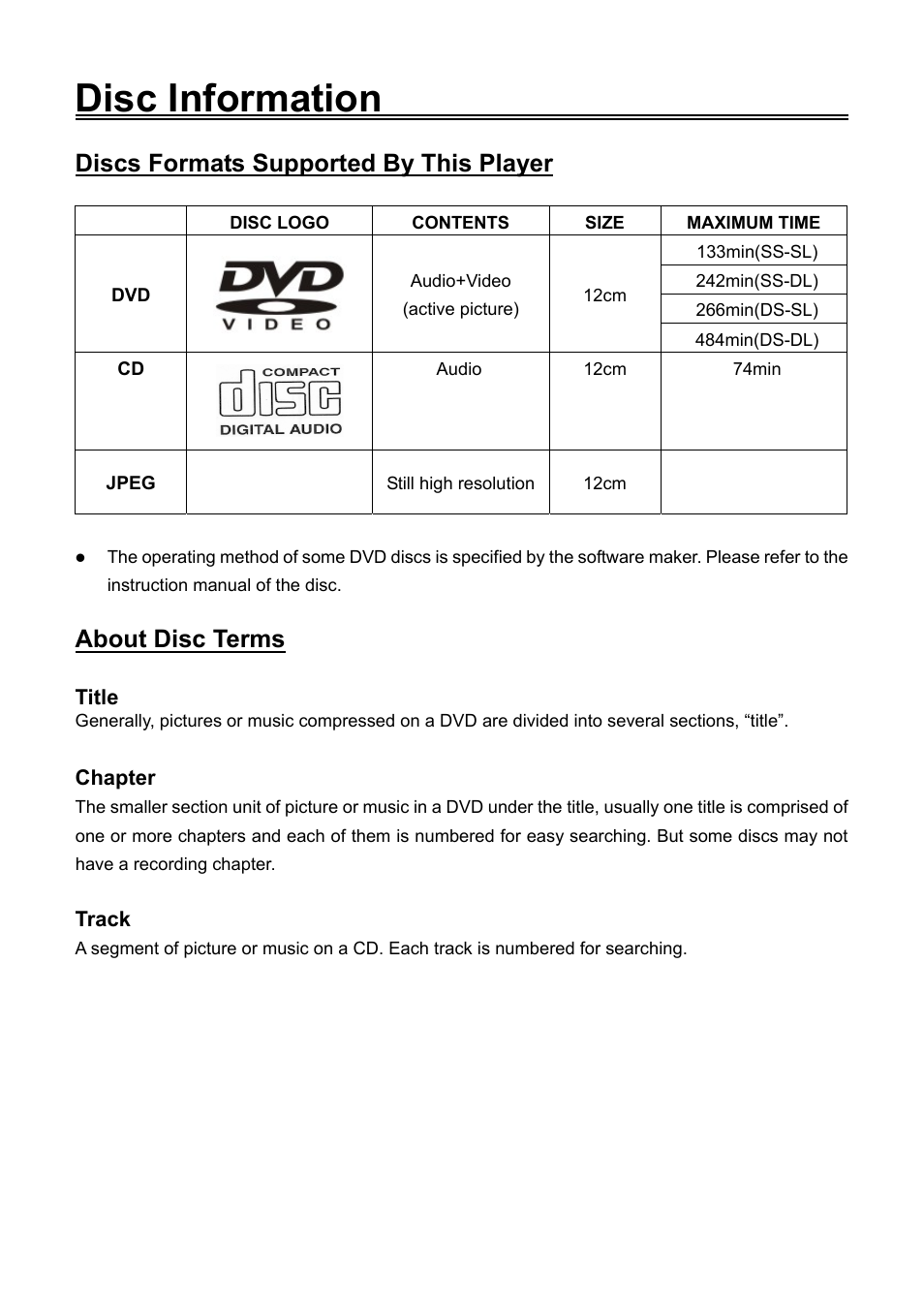 Disc information, Discs formats supported by this player, About disc terms | Audiovox FPE1506DV User Manual | Page 6 / 45