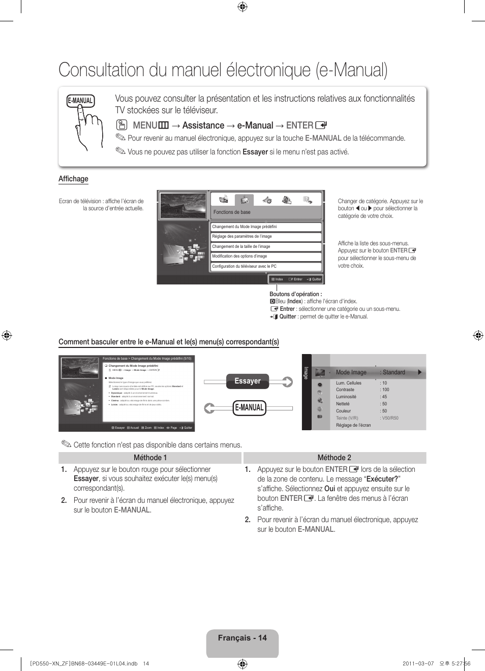 Consultation du manuel électronique (e-manual), Menu m → assistance → e-manual → enter e, E-manual | Français - 14, E-manual essayer | Samsung PS51D550C1W User Manual | Page 34 / 78