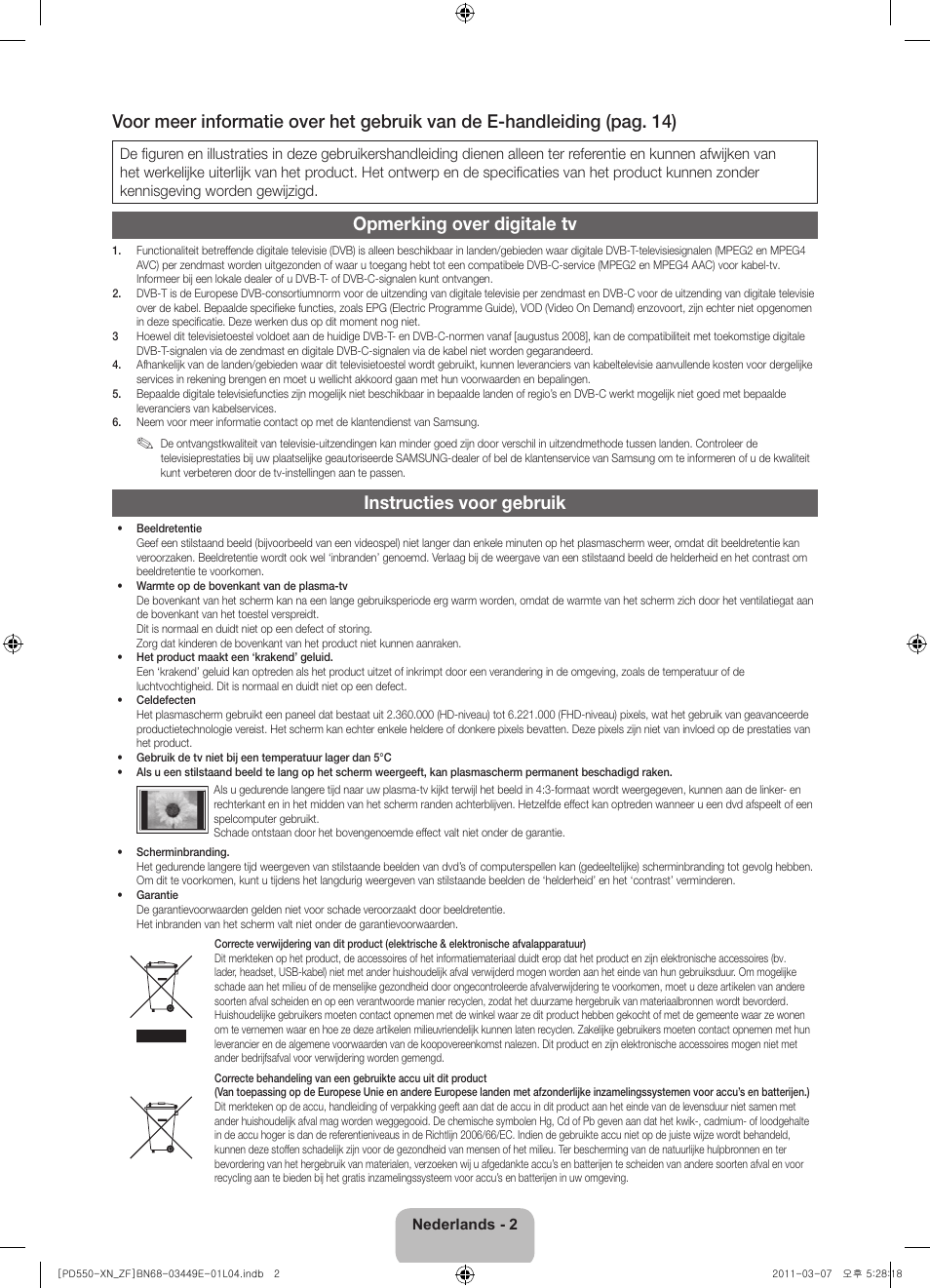 Opmerking over digitale tv, Instructies voor gebruik | Samsung PS51D550C1W User Manual | Page 60 / 78