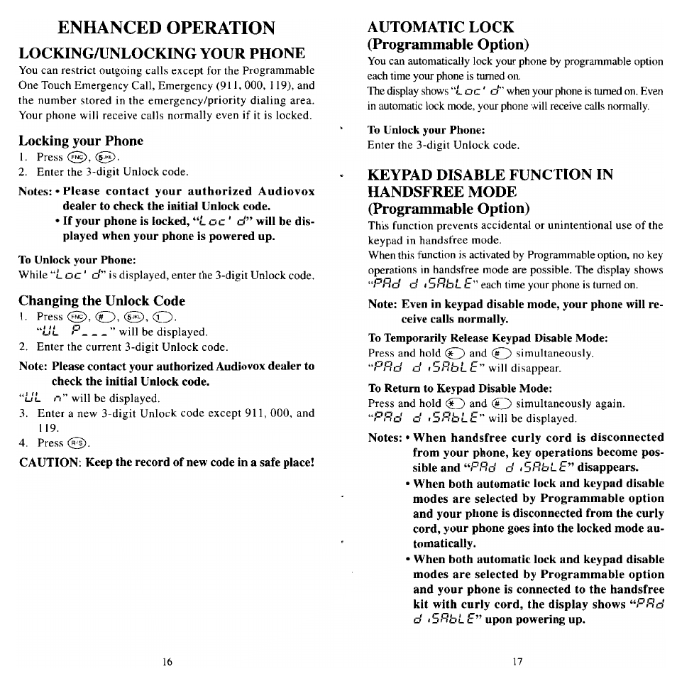 Enhanced operation, Locking/unlocking your phone, Locking your phone | Changing the unlock code, Automatic lock (programmable option), Lockingajnlocking your phone | Audiovox MVX501 User Manual | Page 10 / 24