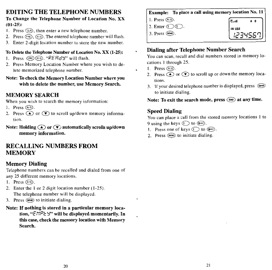 Editing the telephone numbers, Memory search, Recalling numbers from memory | Memory dialing, Dialing after telephone number search, Speed dialing | Audiovox MVX501 User Manual | Page 12 / 24