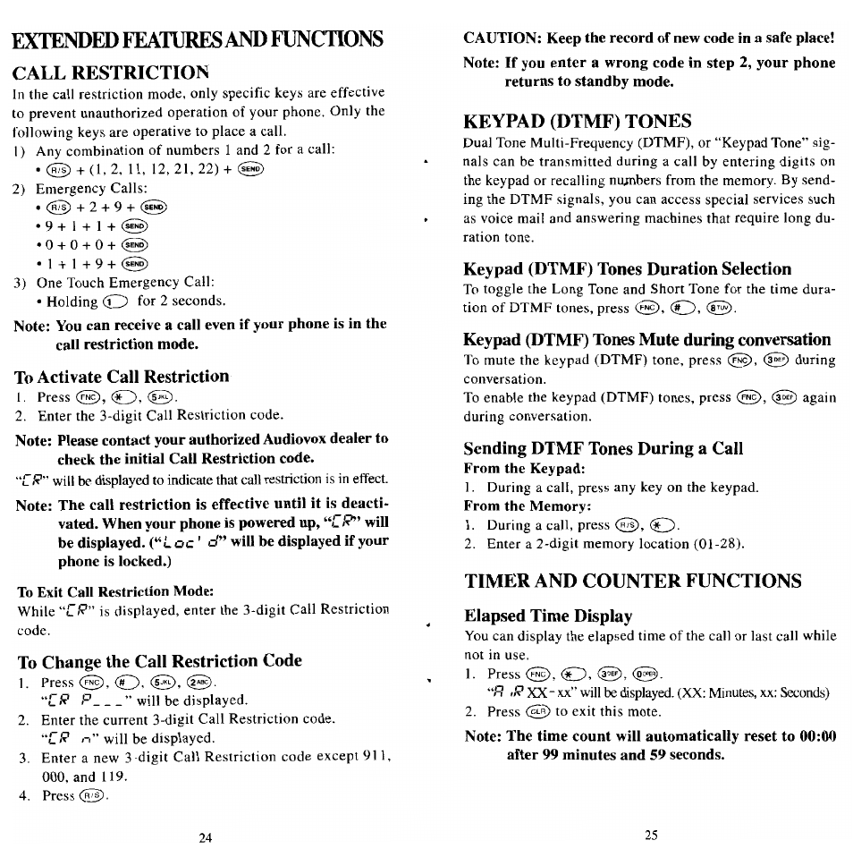 Extended features and functions, Call restriction, To activate call restriction | To exit call restriction mode, To change the call restriction code, Keypad (dtmf) tones, Keypad (dtmf) tones duration selection, Keypad (dtmf) tones mute during conversation, Sending dtmf tones during a call, Timer and counter functions elapsed time display | Audiovox MVX501 User Manual | Page 14 / 24