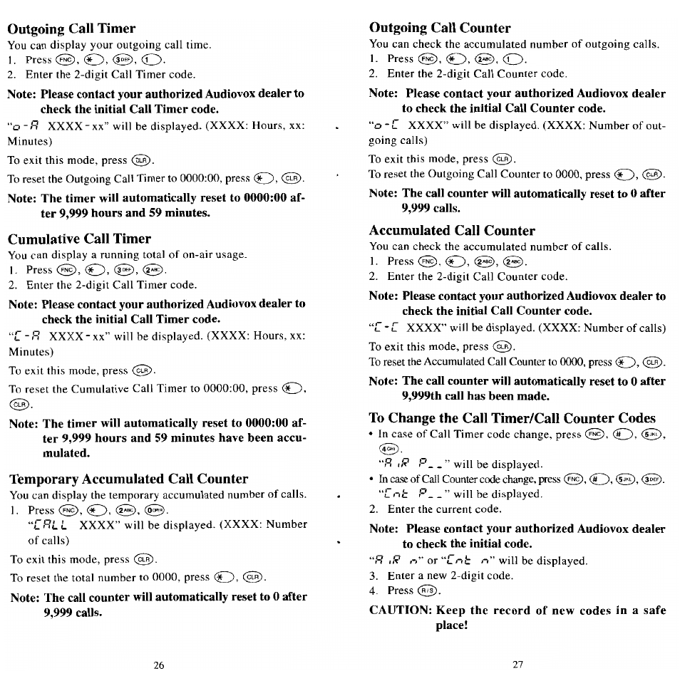 Outgoing call timer, Cumulative call timer, Temporary accumulated call counter | Outgoing call counter, Accumulated call counter, To change the call timer/call counter codes, Outgoing call timer cumulative call timer | Audiovox MVX501 User Manual | Page 15 / 24