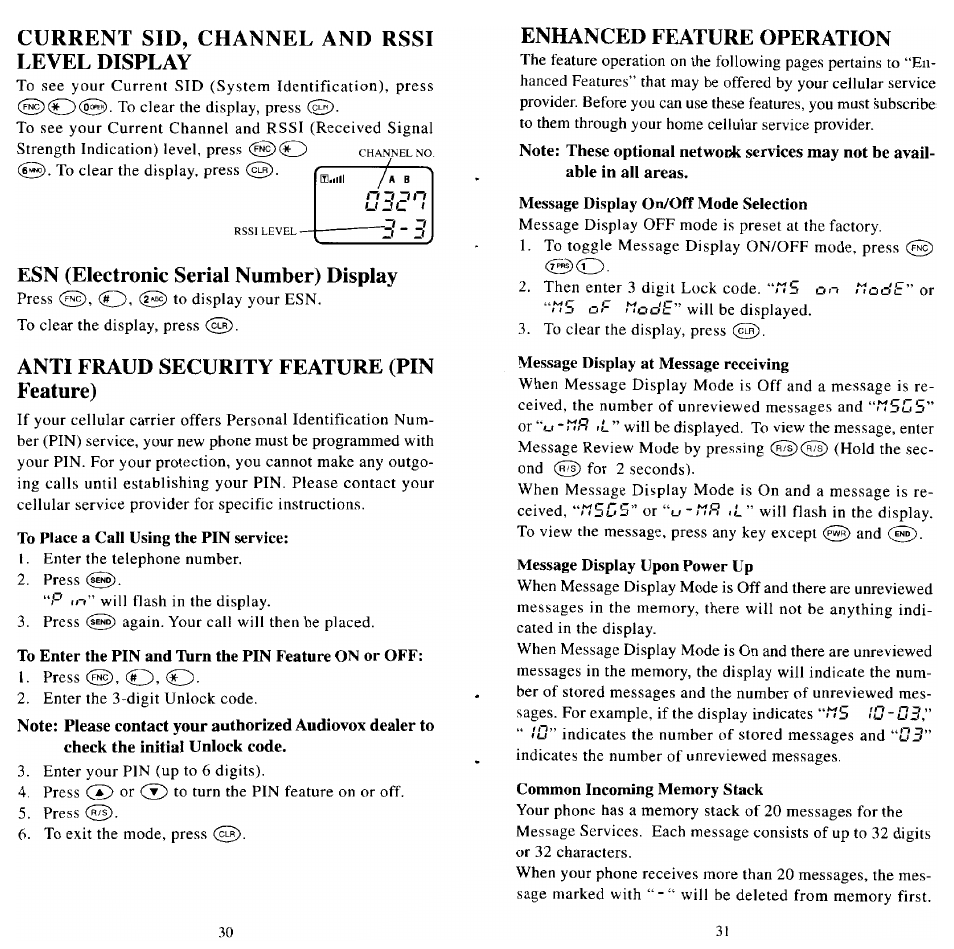 Current sid, channel and rssi level display, Esn (electronic serial number) display, Anti fraud security feature (pin feature) | Enhanced feature operation | Audiovox MVX501 User Manual | Page 17 / 24