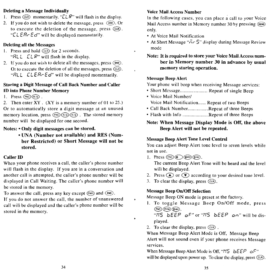Deleting a message individually, Deleting all the messages, Caller id | Voice mail access number, Message beep alert, Message beep alert tone level control, Message beep on/off selection | Audiovox MVX501 User Manual | Page 19 / 24