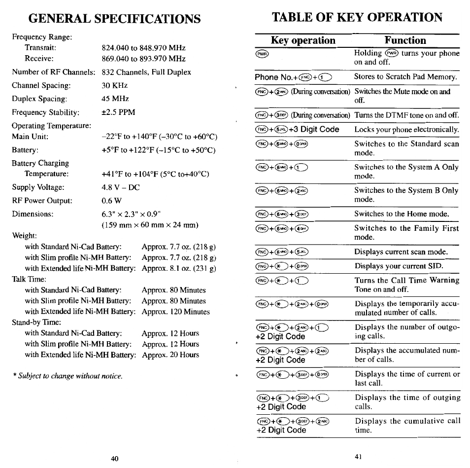 General specifications, Table of key operation, Key operation function | Audiovox MVX501 User Manual | Page 22 / 24