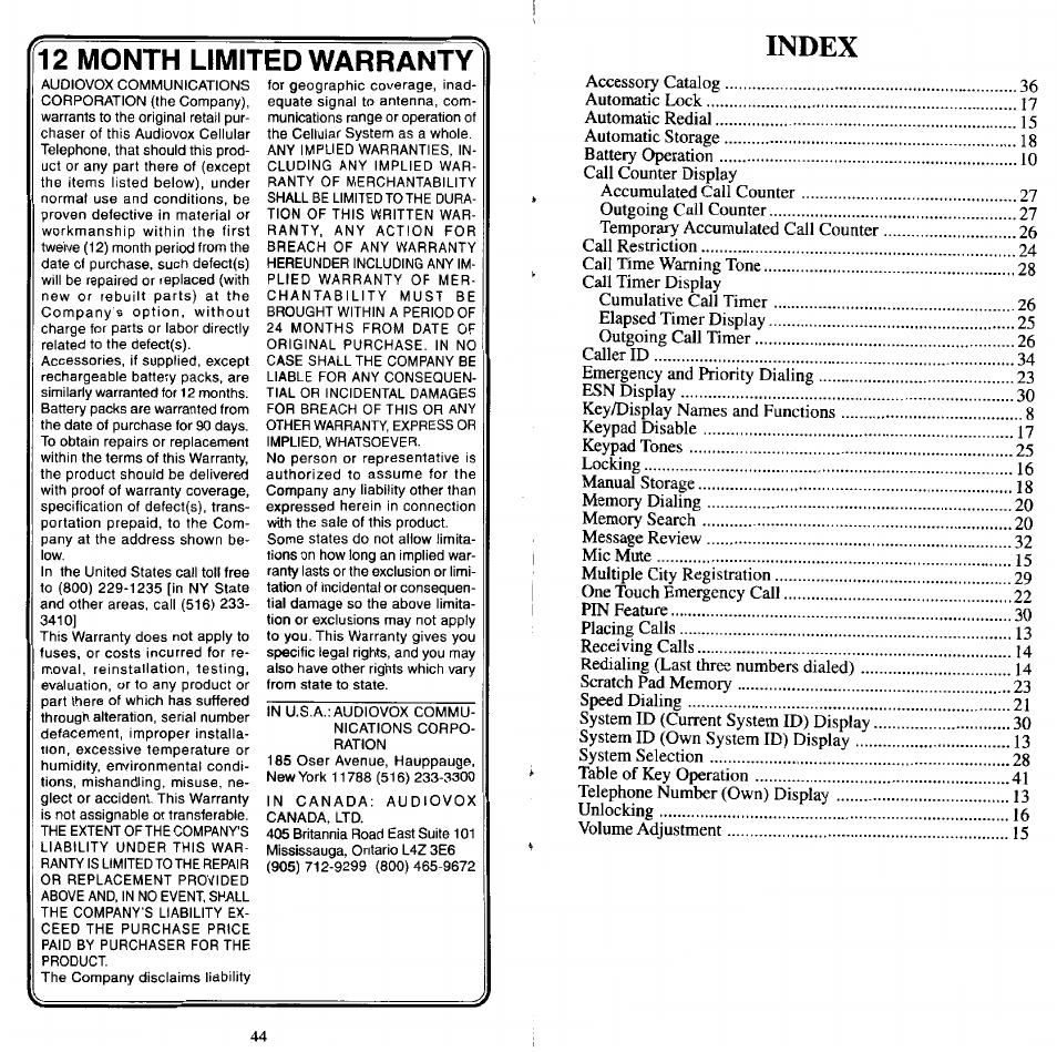 Index, 12 month limited warranty | Audiovox MVX501 User Manual | Page 24 / 24