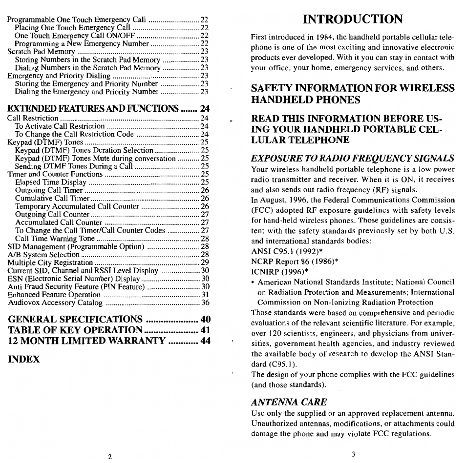 Introduction, Safety information for wireless handheld phones | Audiovox MVX501 User Manual | Page 3 / 24