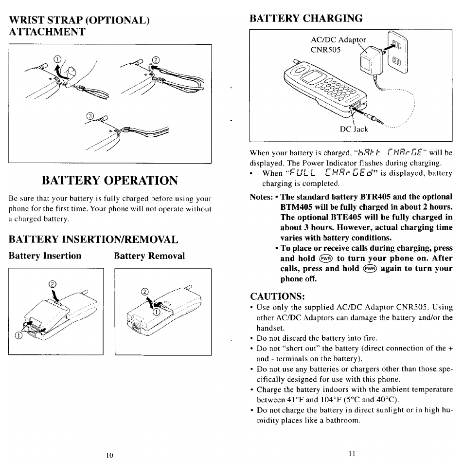 Wrist strap (optional) attachment, Battery operation, Battery insertion/removal | Battery insertion battery removal, Battery charging, Cautions, Battery insertion/removal battery charging | Audiovox MVX501 User Manual | Page 7 / 24