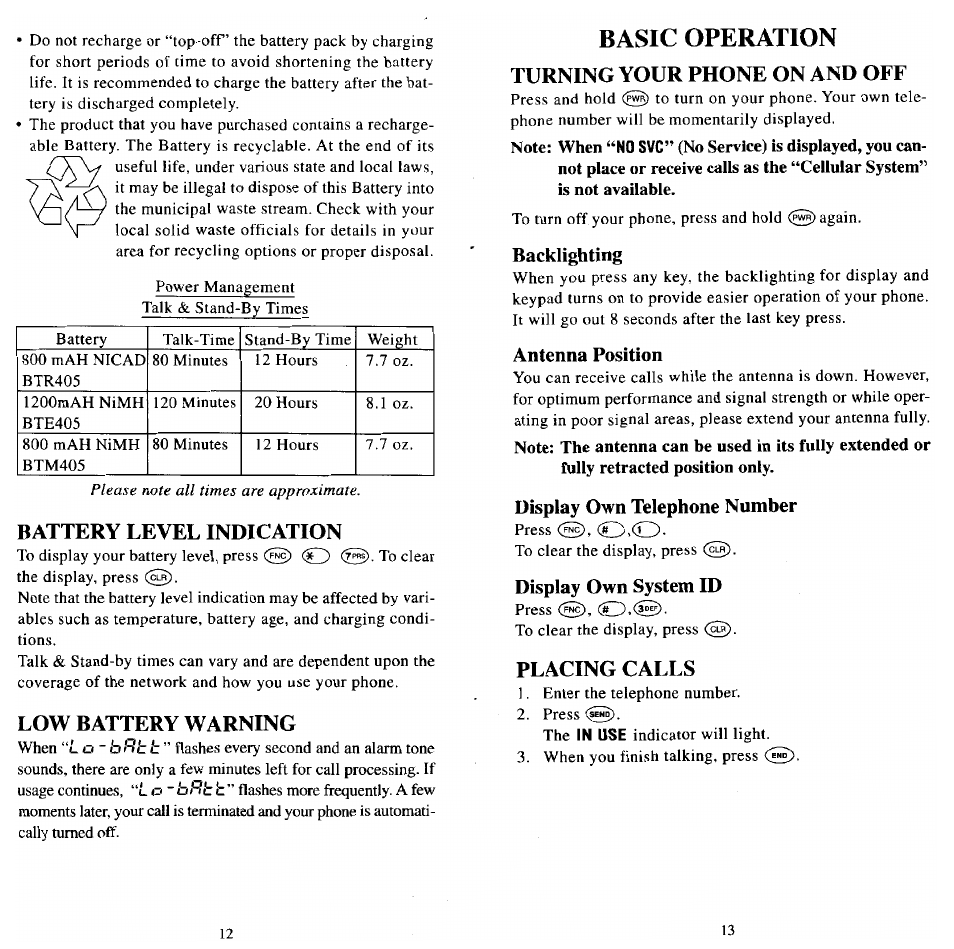 Battery level indication, Low battery warning, Basic operation | Turning your phone on and off, Placing calls, Backlighting, Antenna position, Display own telephone number, Display own system id | Audiovox MVX501 User Manual | Page 8 / 24