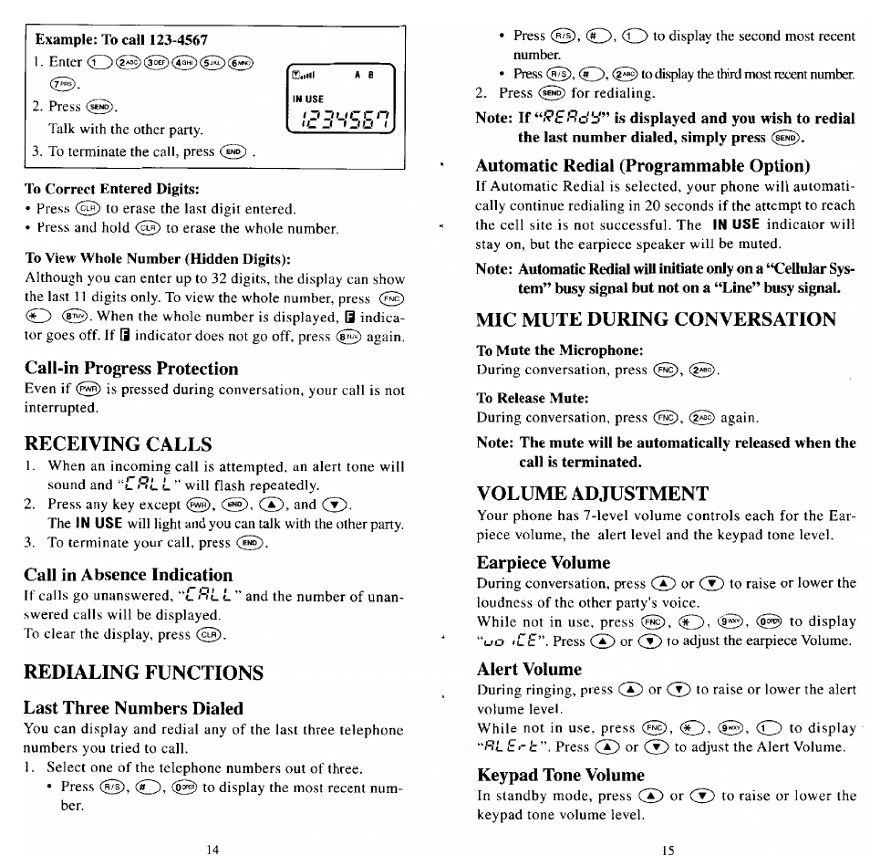 To correct entered digits, To view whole number (hidden digits), Call-in progress protection | Receiving calls, Call in absence indication, Redialing functions, Last three numbers dialed, Automatic redial (programmable option), Mic mute during conversation, To mute the microphone | Audiovox MVX501 User Manual | Page 9 / 24
