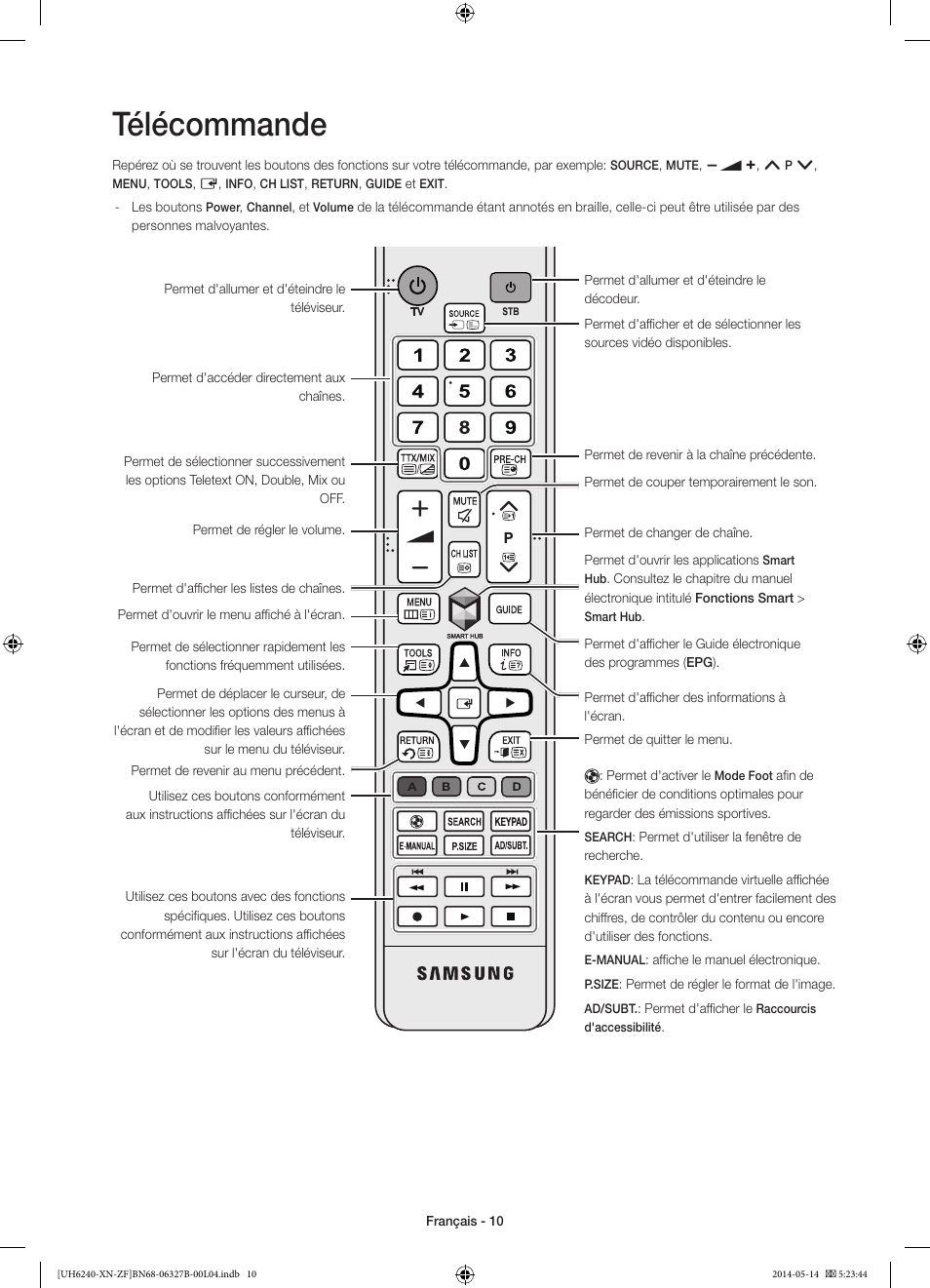 Télécommande | Samsung UE48H6200AW User Manual | Page 30 / 81