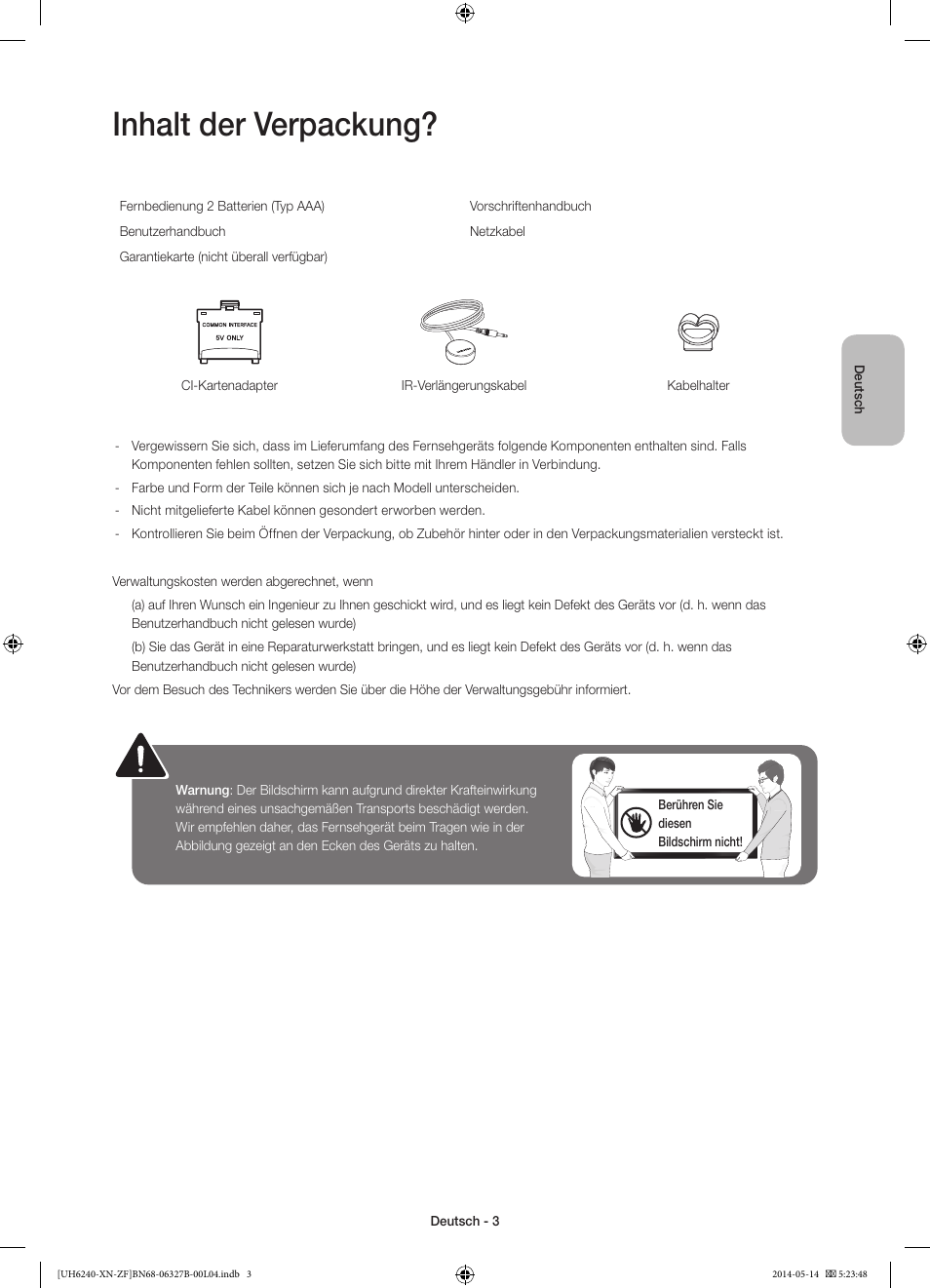 Inhalt der verpackung | Samsung UE48H6200AW User Manual | Page 43 / 81