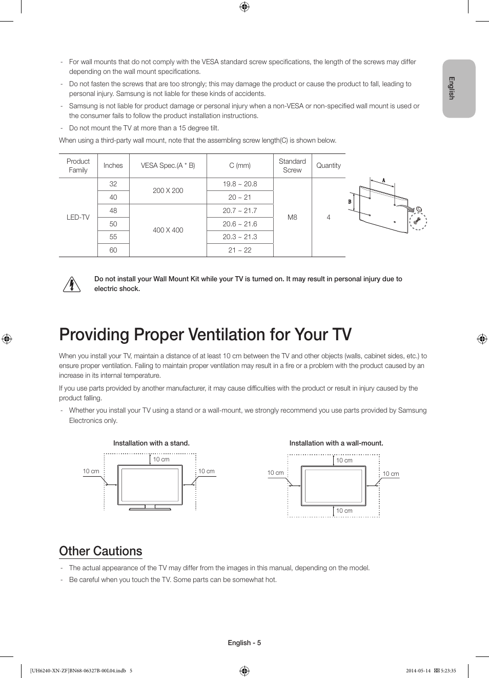 Providing proper ventilation for your tv, Other cautions | Samsung UE48H6200AW User Manual | Page 5 / 81