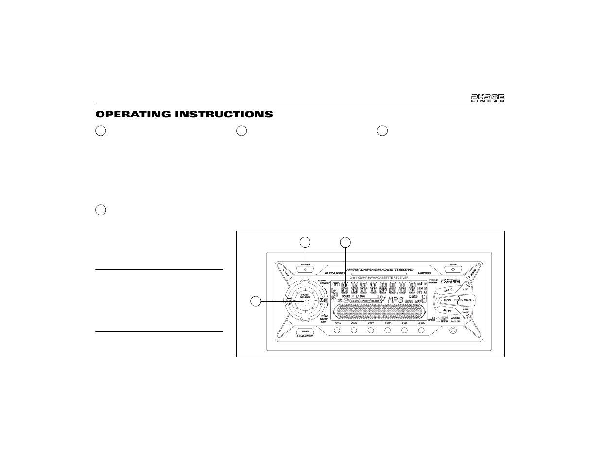 Operating instructions, Power on/off button, Liquid crystal display panel | Volume control, Audio control (push select) | Audiovox Jensen Phase Linear UMP8015 User Manual | Page 5 / 59