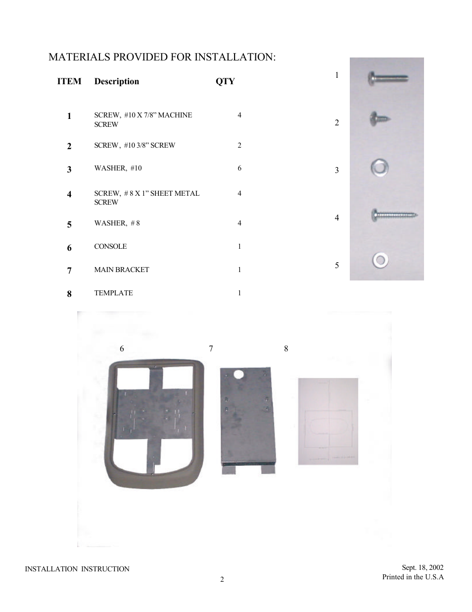 Materials provided for installation | Audiovox 1187025 User Manual | Page 2 / 4