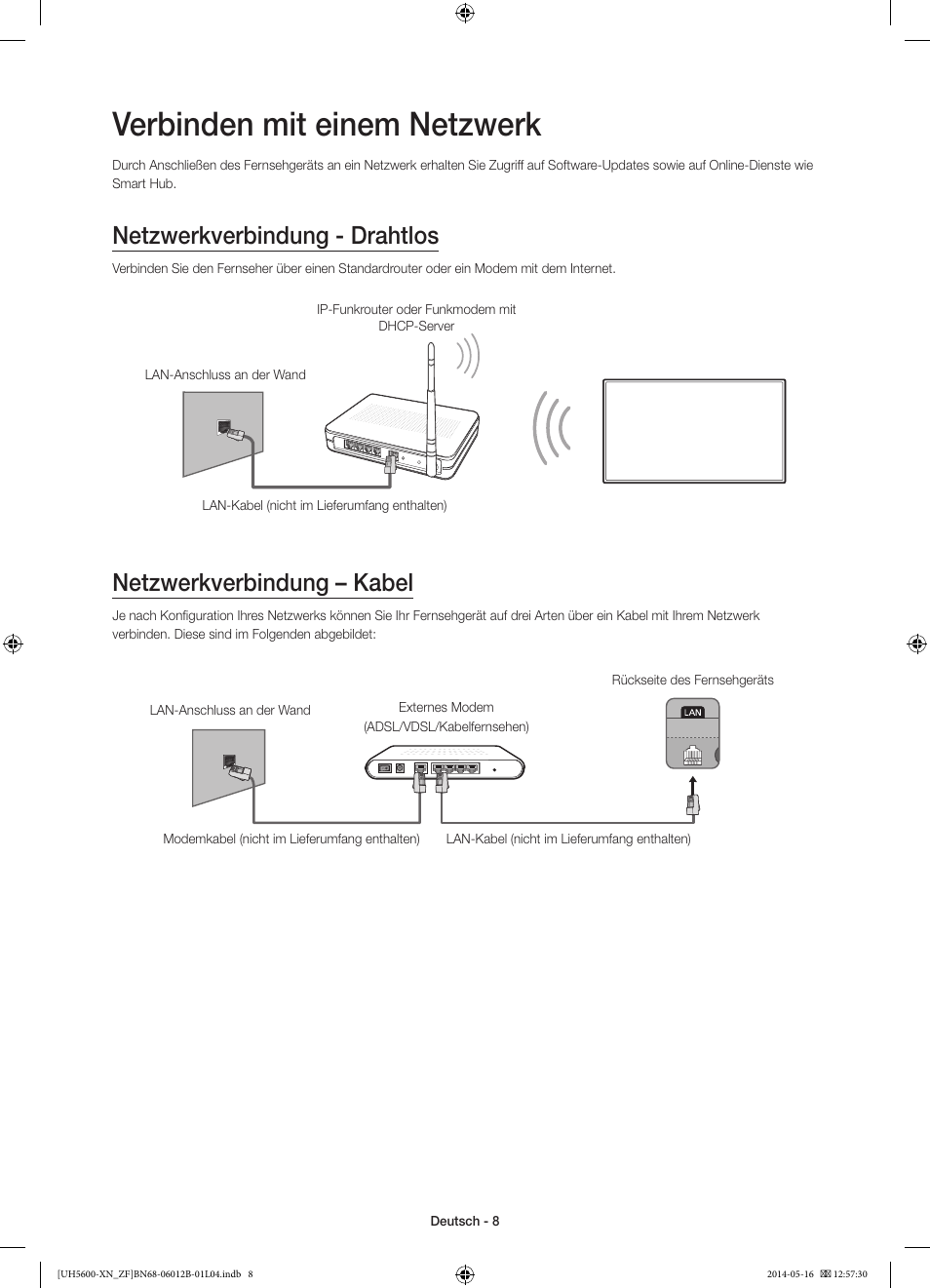 Verbinden mit einem netzwerk, Netzwerkverbindung - drahtlos, Netzwerkverbindung – kabel | Samsung UE22H5610AW User Manual | Page 48 / 81