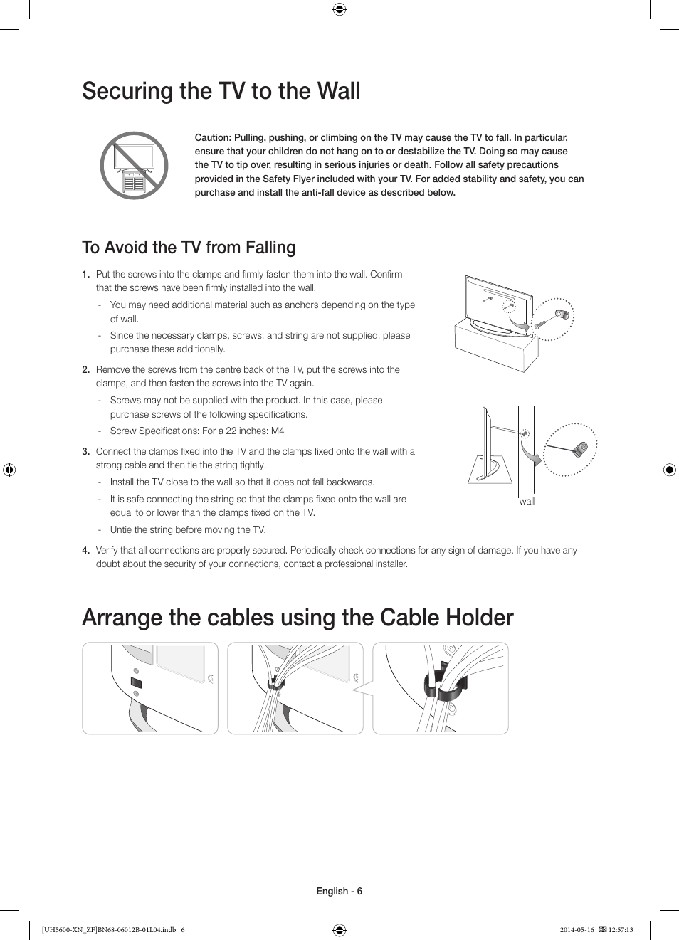 Securing the tv to the wall, Arrange the cables using the cable holder | Samsung UE22H5610AW User Manual | Page 6 / 81