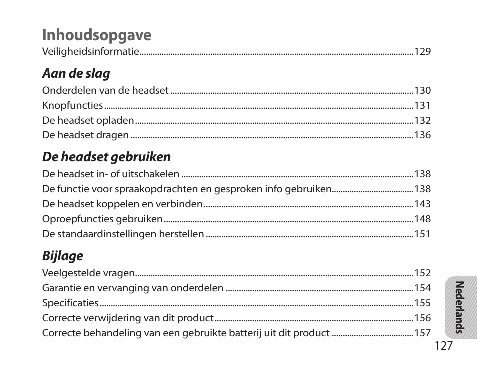 Nederlands, Inhoudsopgave | Samsung HM7000 User Manual | Page 129 / 160