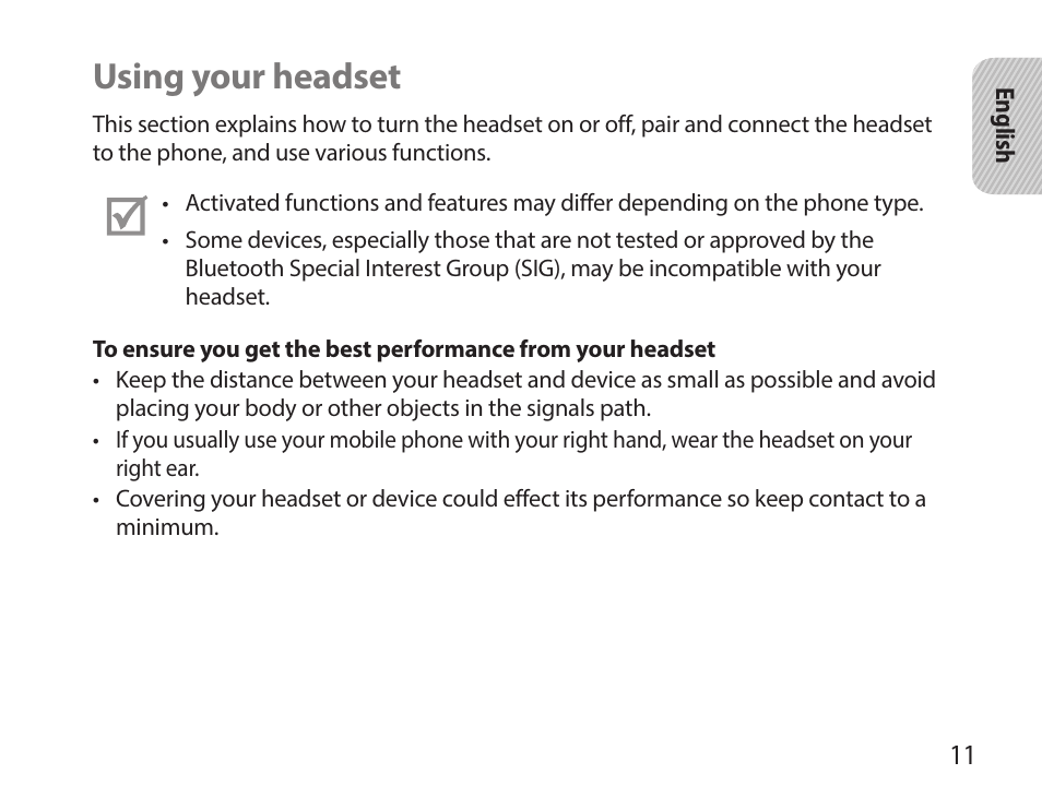 Using your headset | Samsung HM7000 User Manual | Page 13 / 160