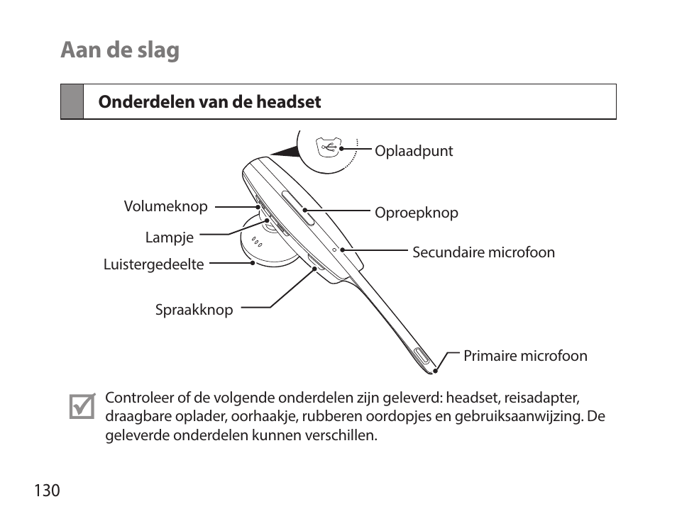 Aan de slag, Onderdelen van de headset | Samsung HM7000 User Manual | Page 132 / 160