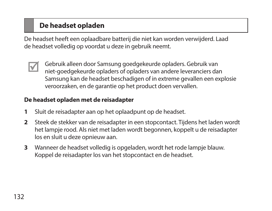 De headset opladen | Samsung HM7000 User Manual | Page 134 / 160