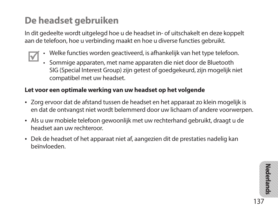 De headset gebruiken | Samsung HM7000 User Manual | Page 139 / 160