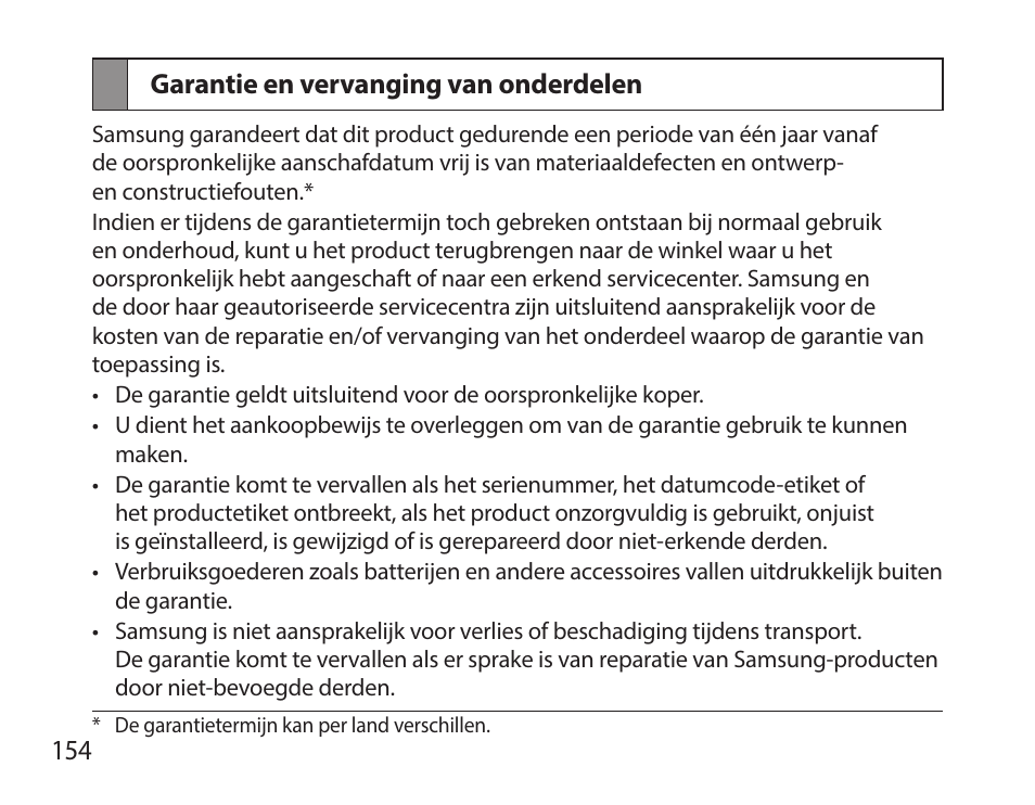 Garantie en vervanging van onderdelen | Samsung HM7000 User Manual | Page 156 / 160