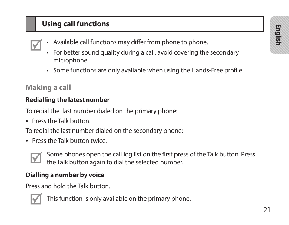 Using call functions | Samsung HM7000 User Manual | Page 23 / 160