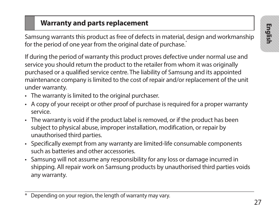 Warranty and parts replacement | Samsung HM7000 User Manual | Page 29 / 160