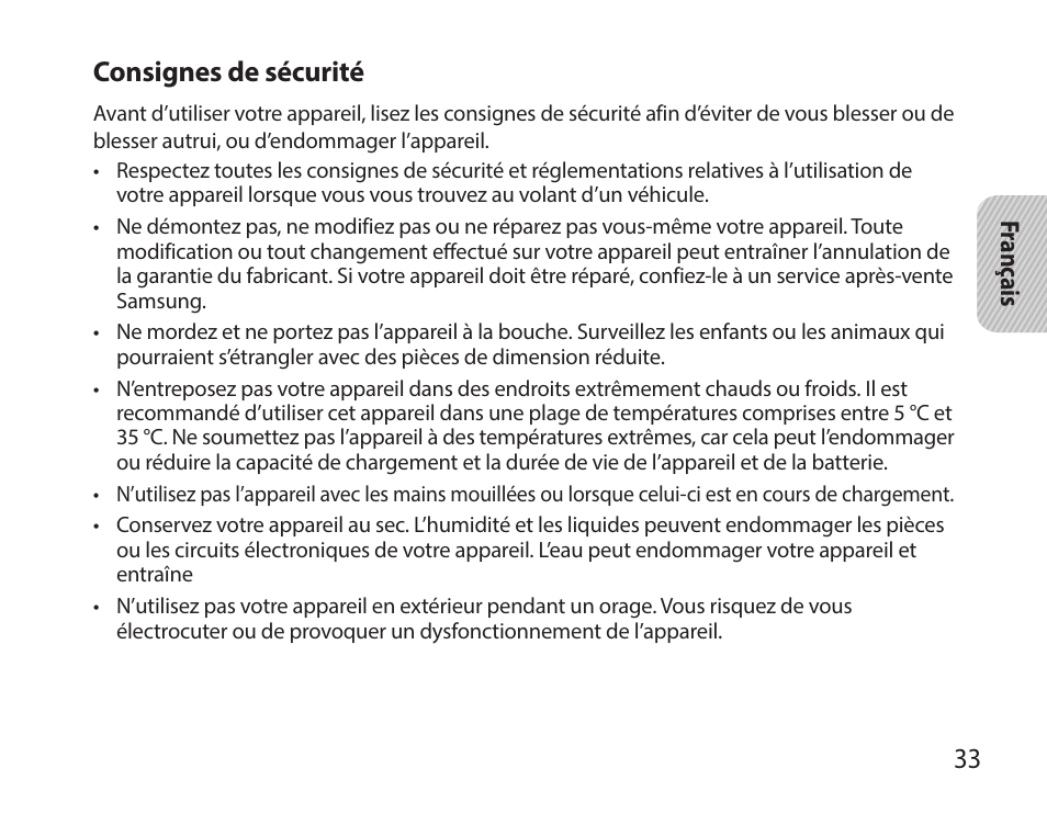 Consignes de sécurité | Samsung HM7000 User Manual | Page 35 / 160